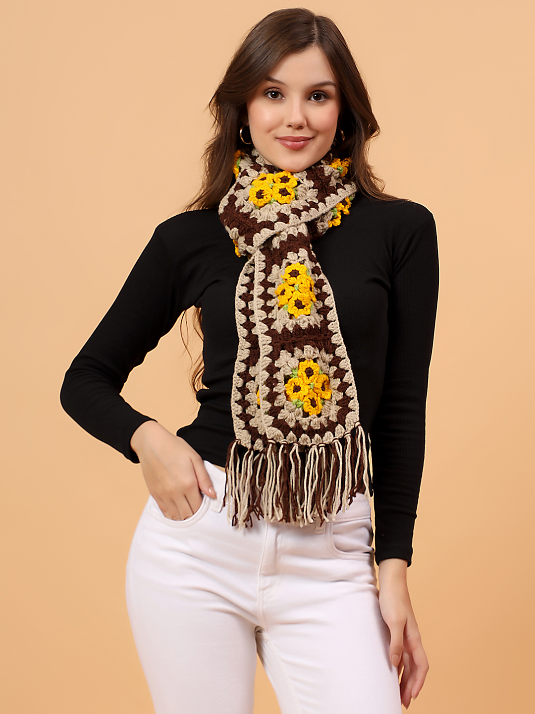 Velvery Handmade Floral Muffler - Beige