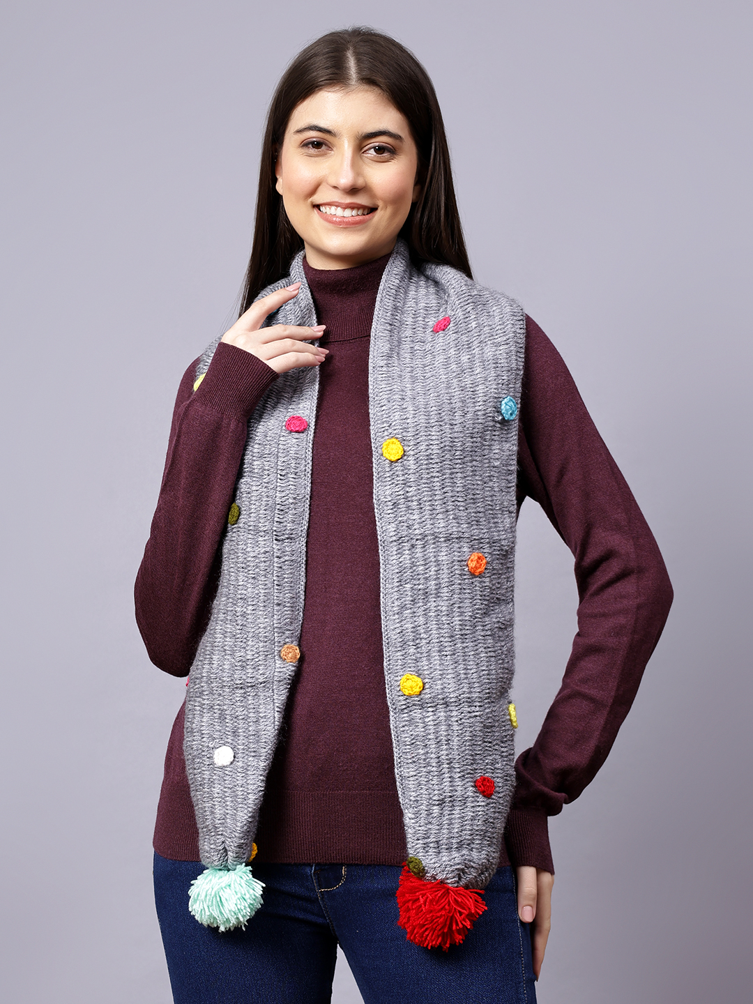 Soft Muffler for Women with Pom Pom - Grey