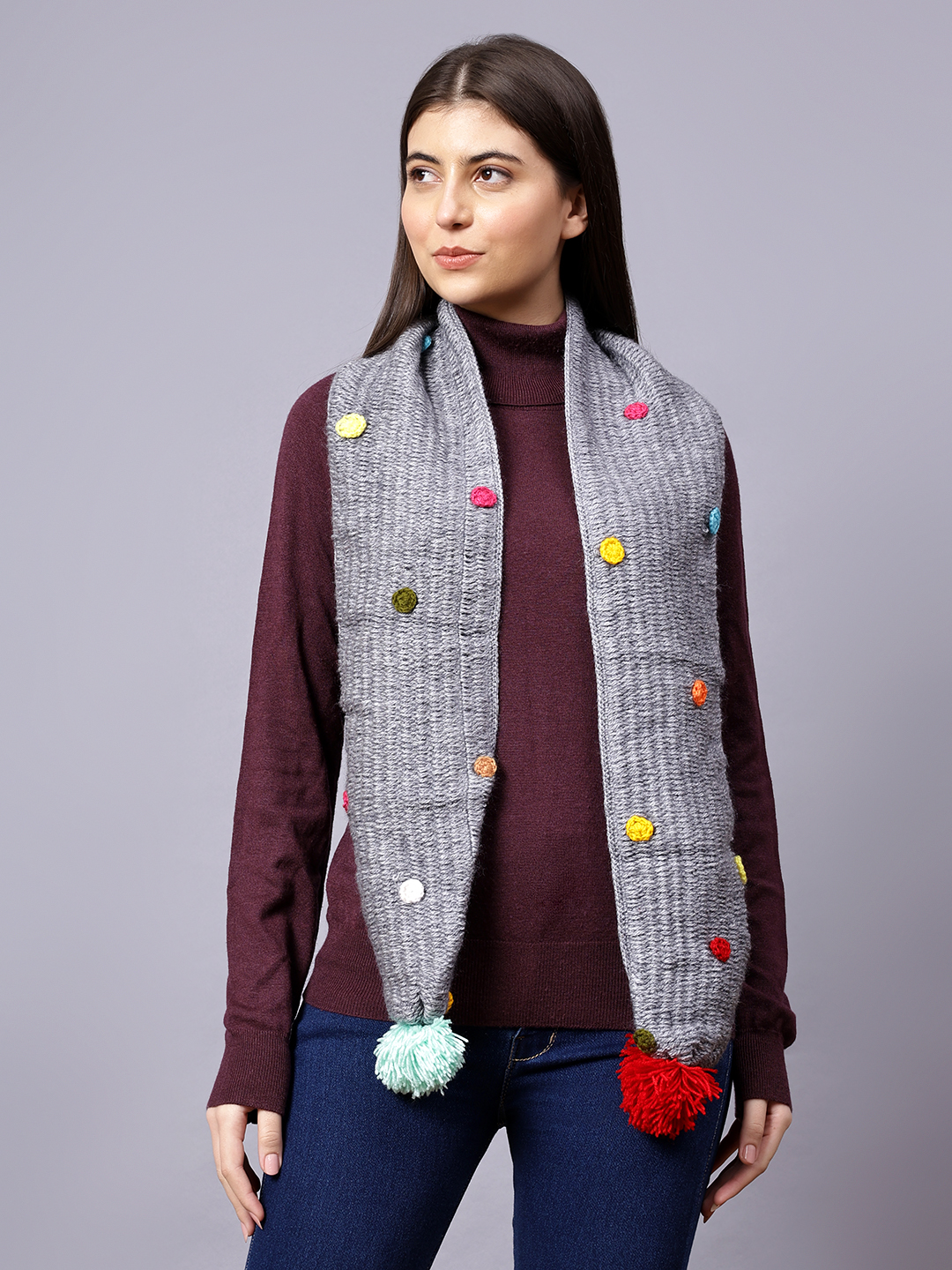 Soft Muffler for Women with Pom Pom - Grey