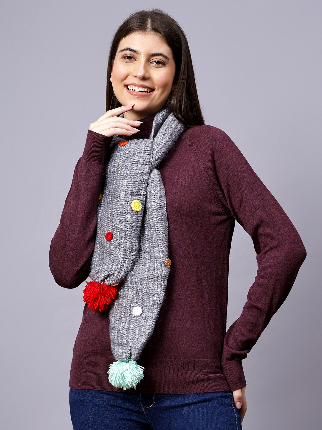Soft Muffler for Women with Pom Pom - Grey
