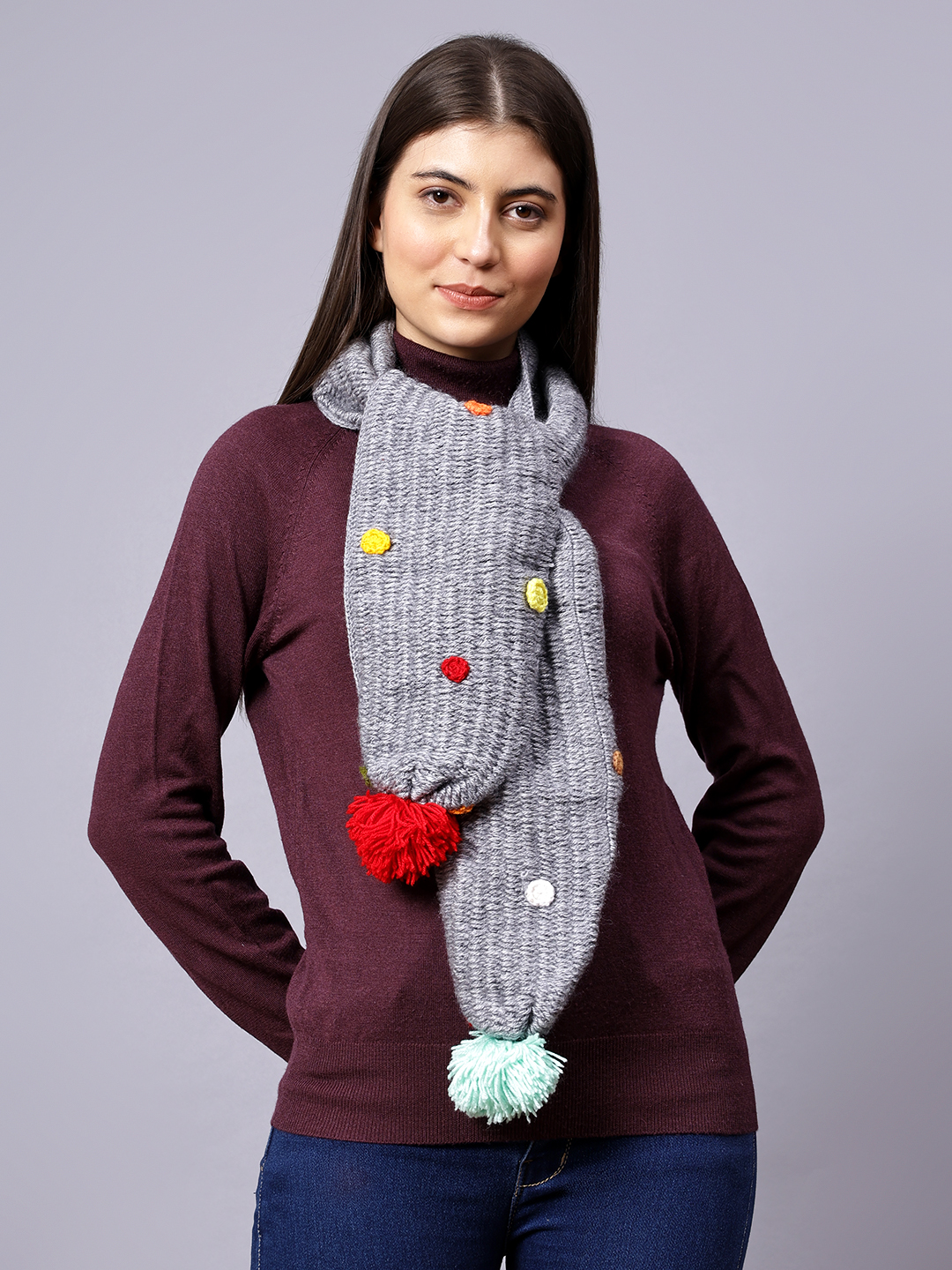 Soft Muffler for Women with Pom Pom - Grey