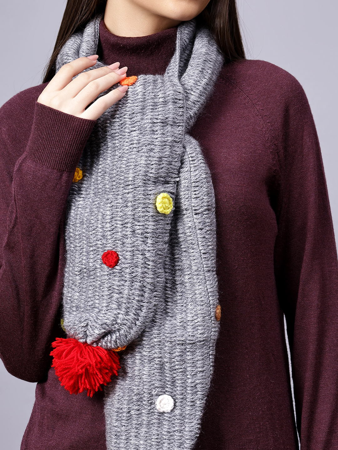 Soft Muffler for Women with Pom Pom - Grey