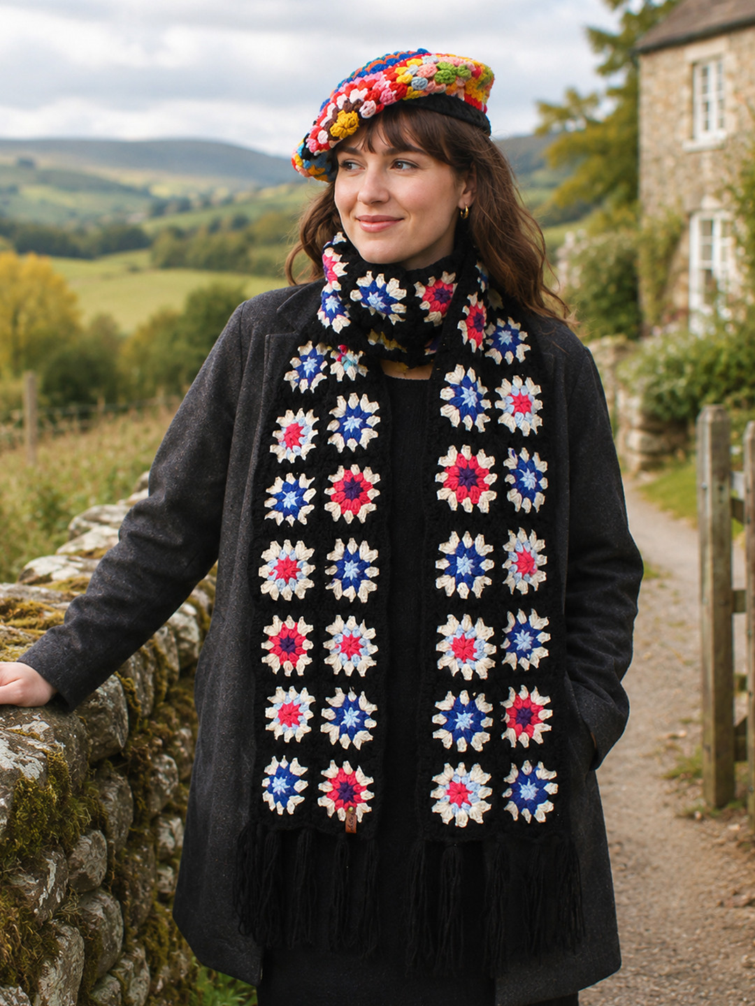 Velvery Handmade Granny Square Muffler  Multicolor
