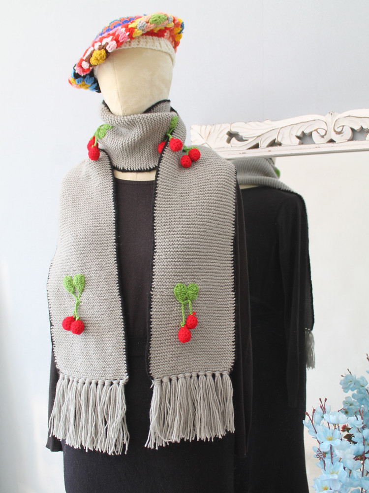 Image of Velvery Handmade Cherry Applique Muffler -  Light Grey