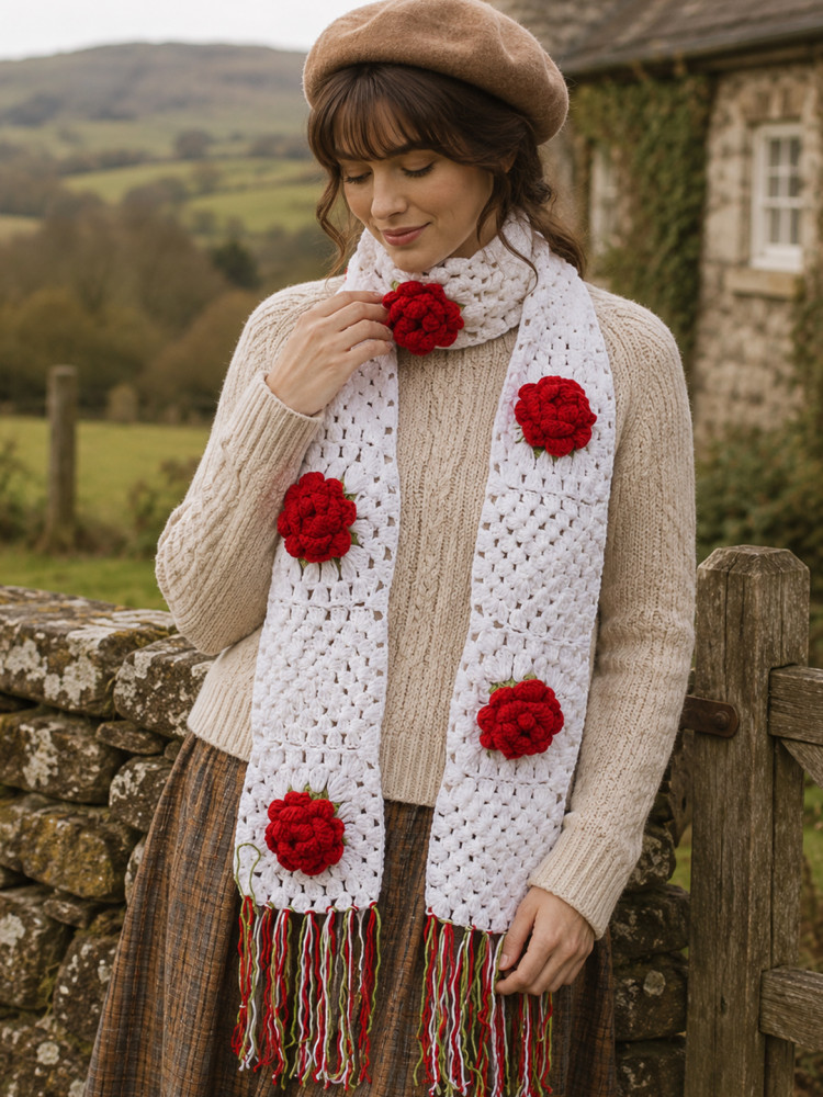 Image of Velvery Handmade Rose Applique Muffler - White