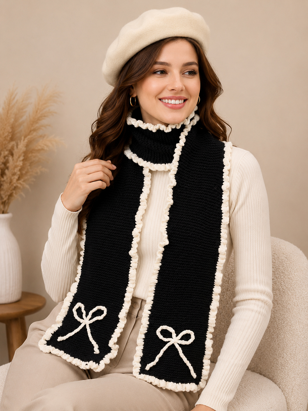 Velvery Handknitted Frilled Muffler - Black
