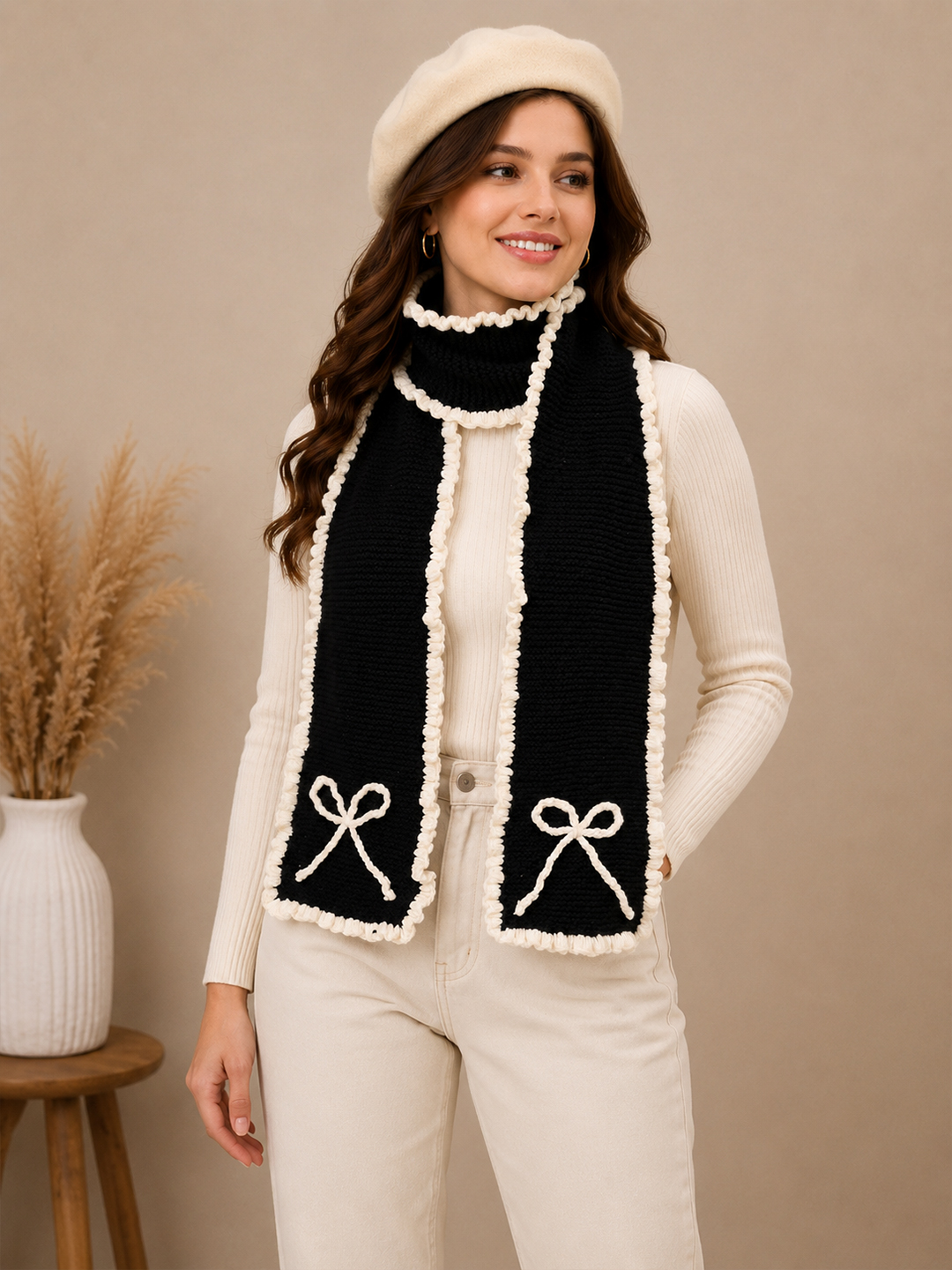 Velvery Handknitted Frilled Muffler - Black