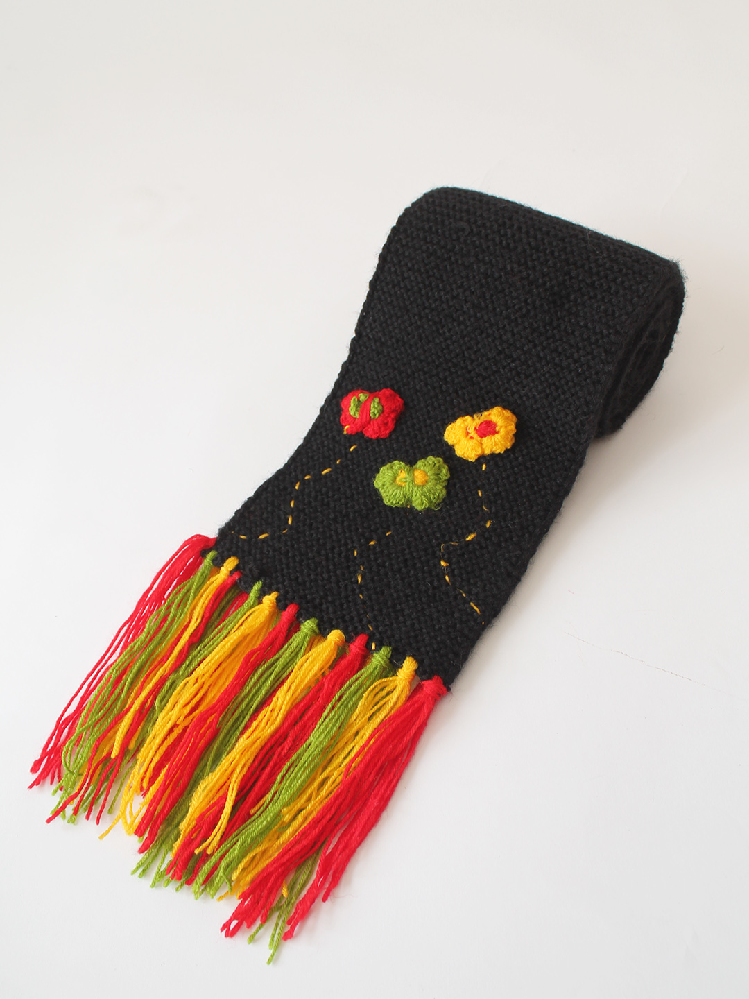 Velvery Handknitted Floral Fringes Muffler - Black