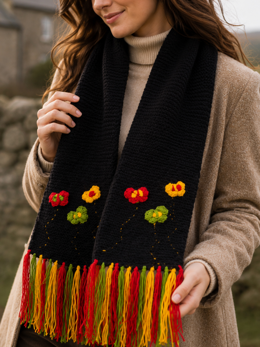 Velvery Handknitted Floral Fringes Muffler - Black