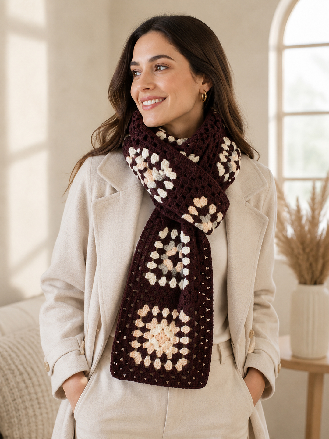 Velvery Crochet Granny Square Muffler - Brown