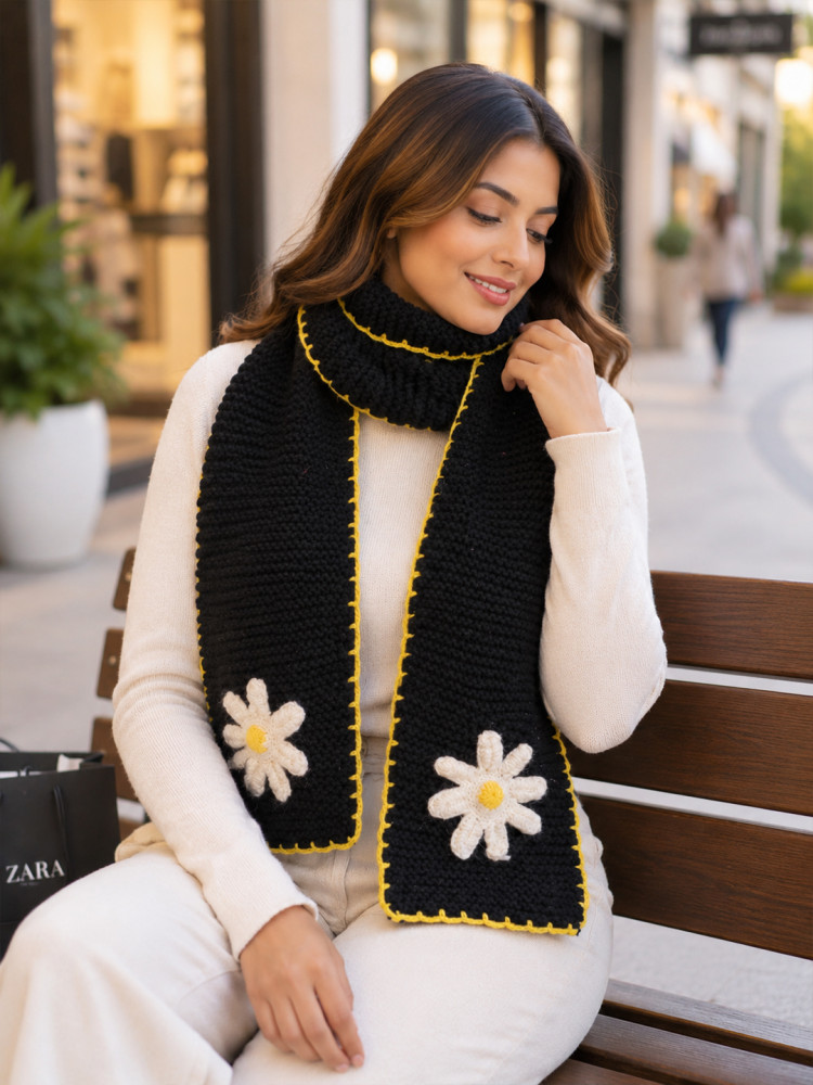 Image of Velvery Handknitted Daisy Floral Muffler - Black