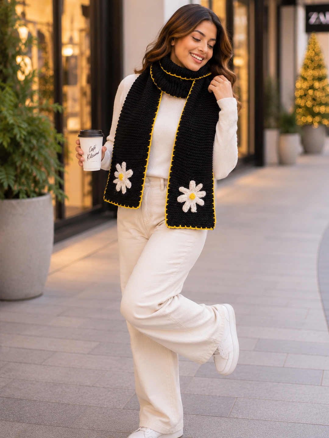 Velvery Handknitted Daisy Floral Muffler - Black