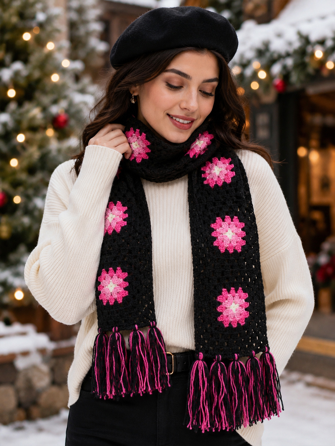 Velvery Handknitted Pink Floral Muffler - Black