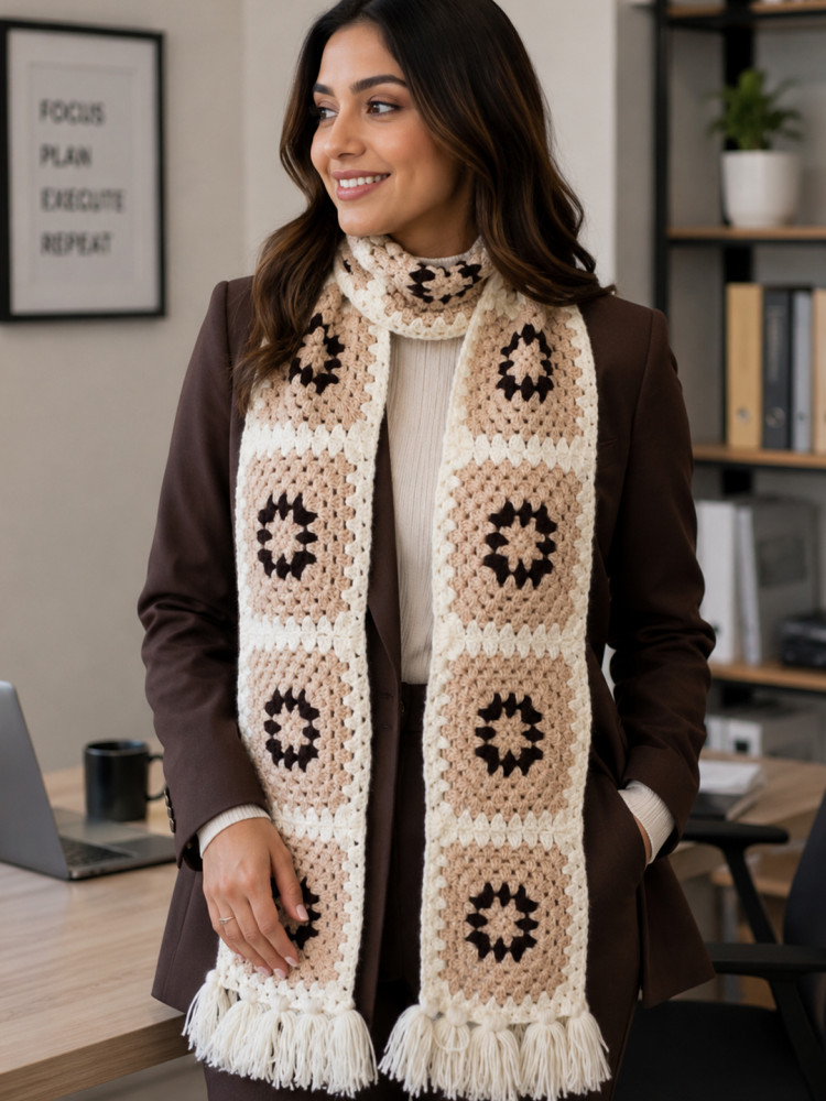 Image of Velvery Crochet Granny Square Muffler - Beige