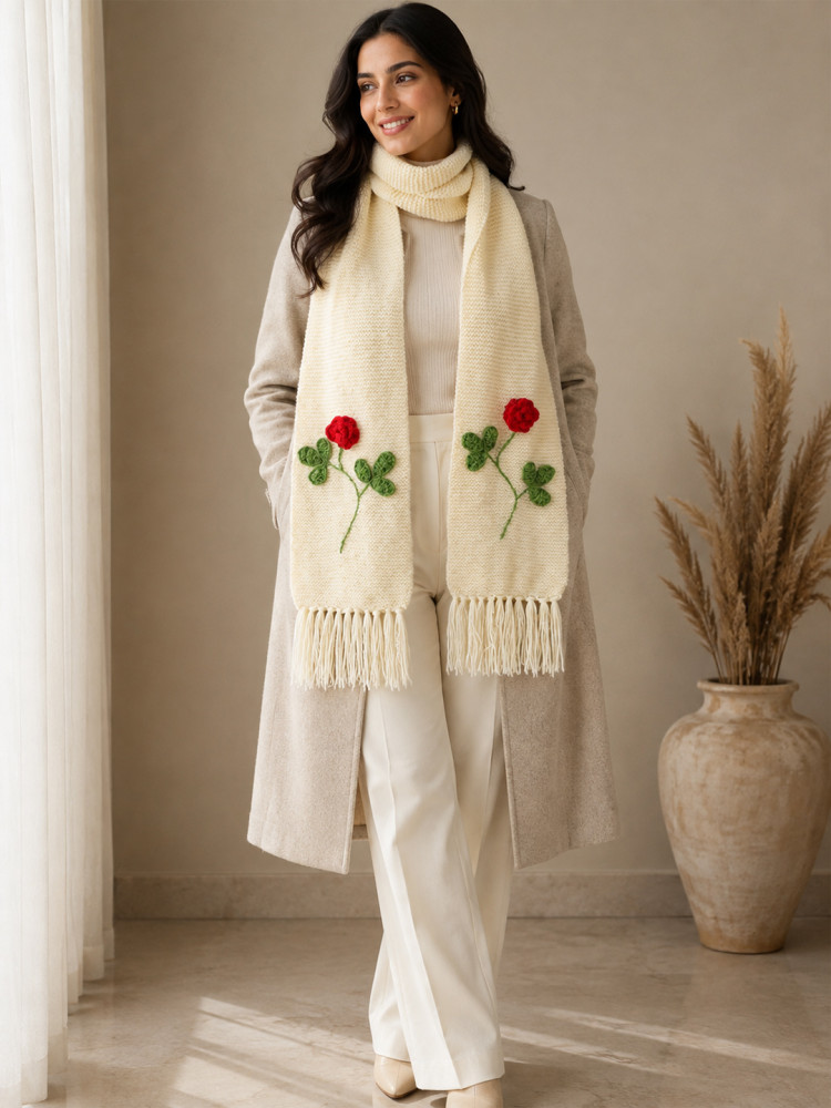 Image of Velvery Handknitted Rose Detailed Muffler - Cream