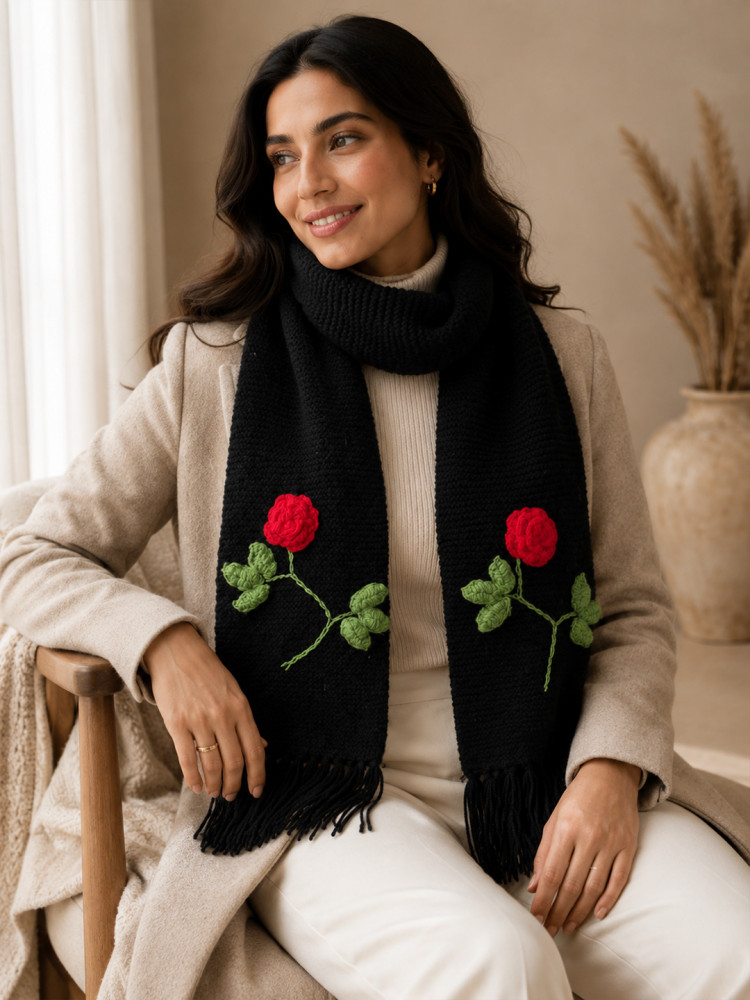 Image of Velvery Handknitted Rose Detailed Muffler - Black