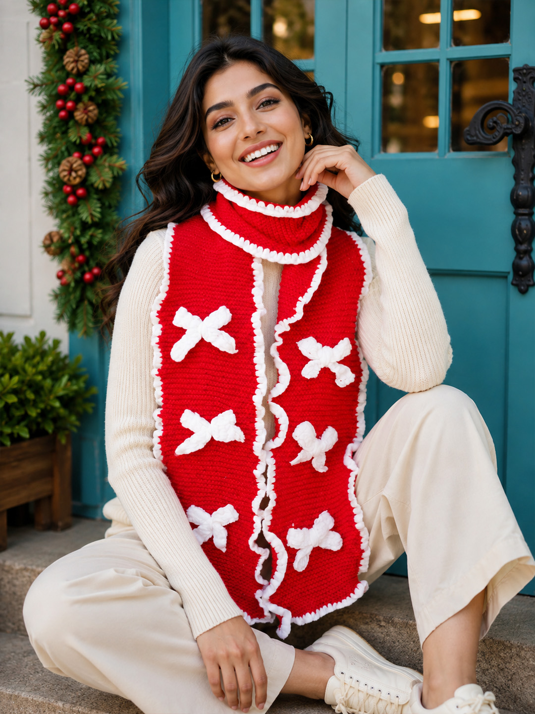 Velvery Handknitted Bow Detailed Muffler - Red