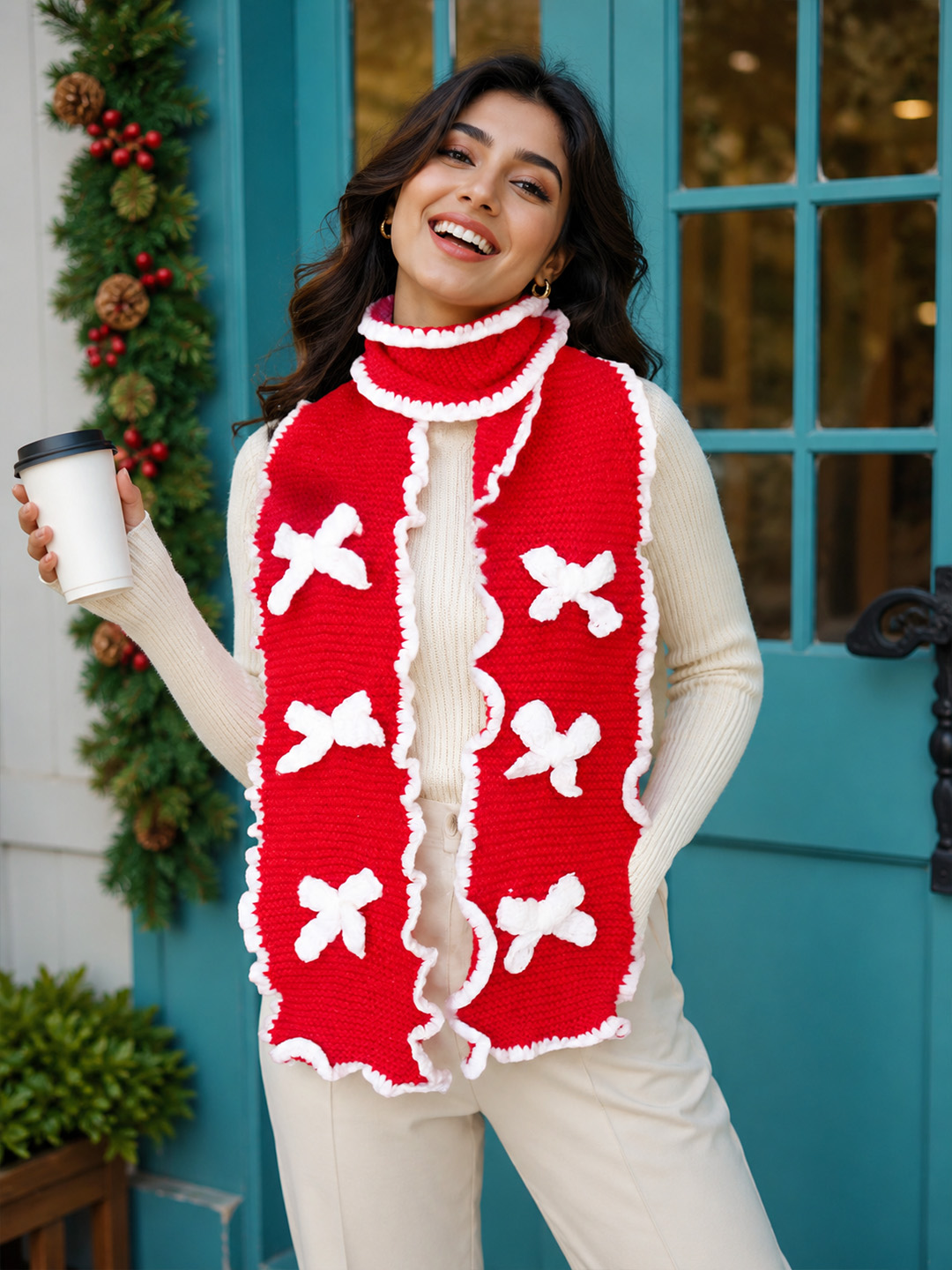 Velvery Handknitted Bow Detailed Muffler - Red