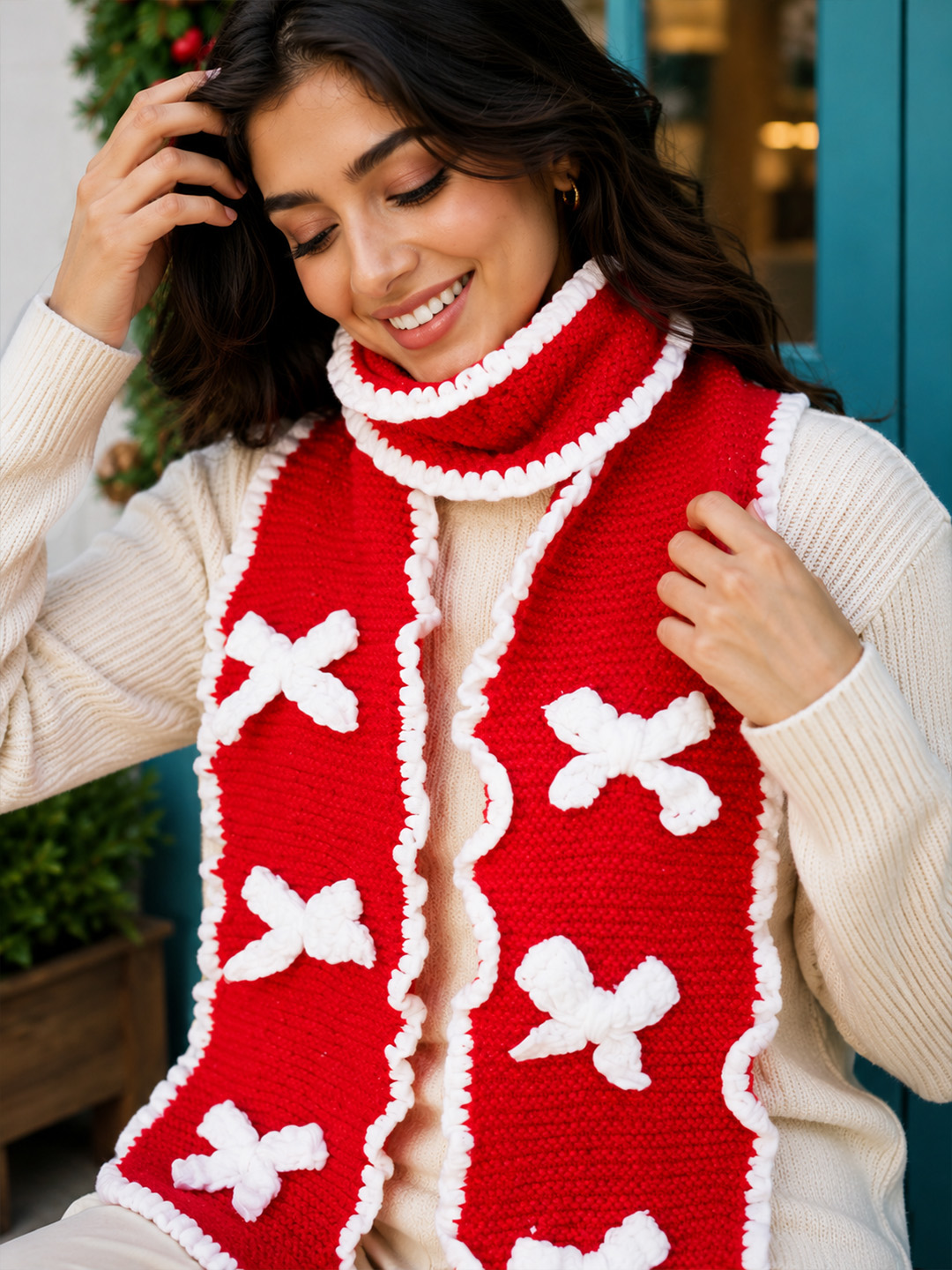 Velvery Handknitted Bow Detailed Muffler - Red