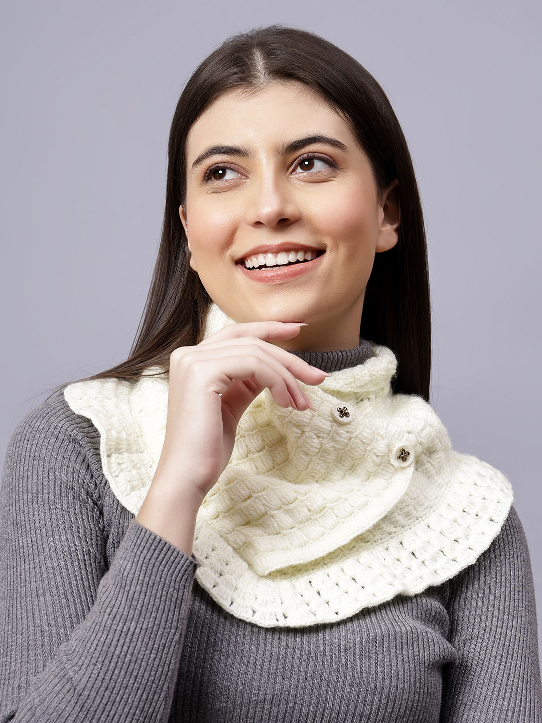Velvery Cream Self Design Hand Knitted Women Neckwarmer