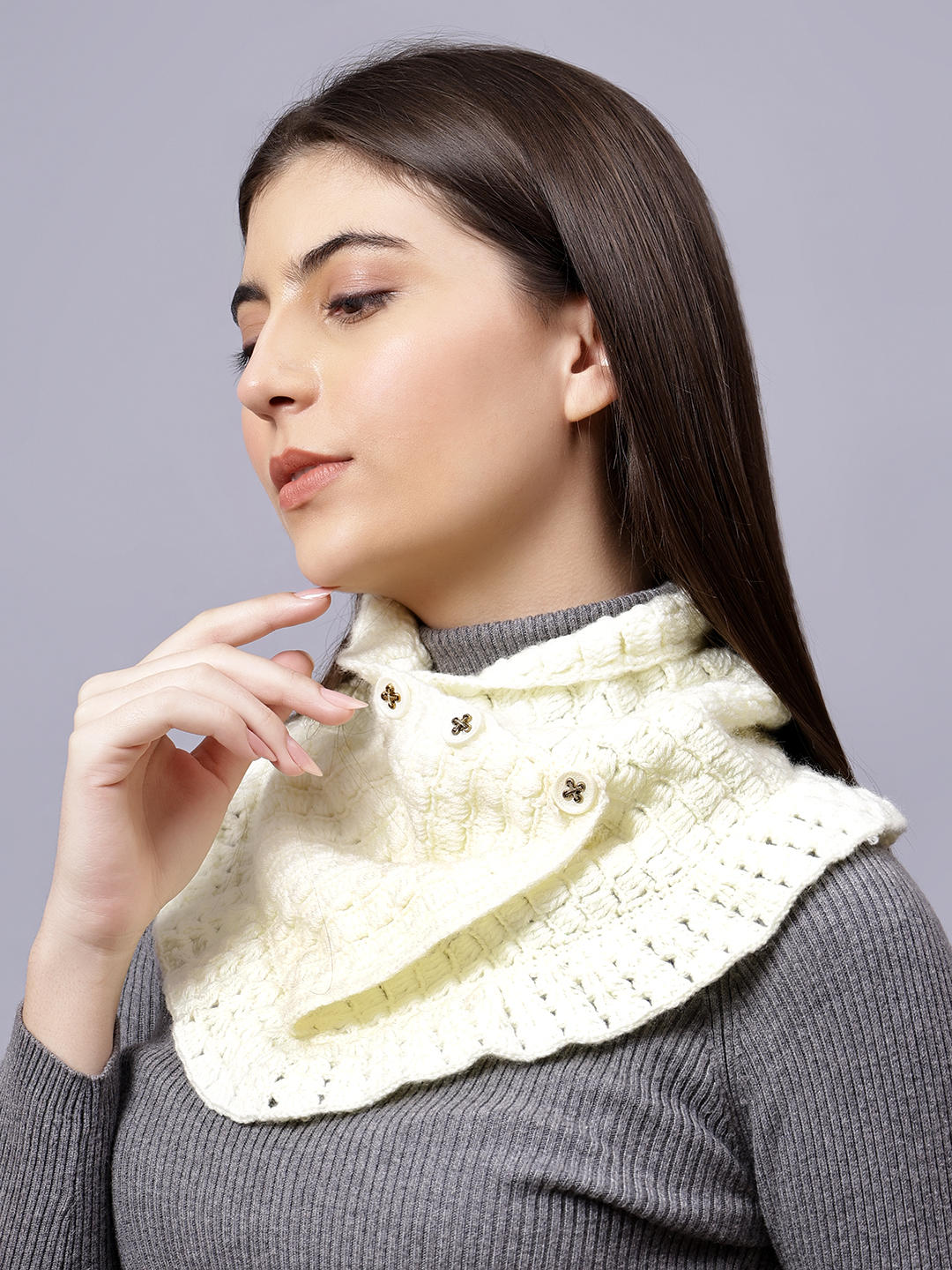 Velvery Cream Self Design Hand Knitted Women Neckwarmer