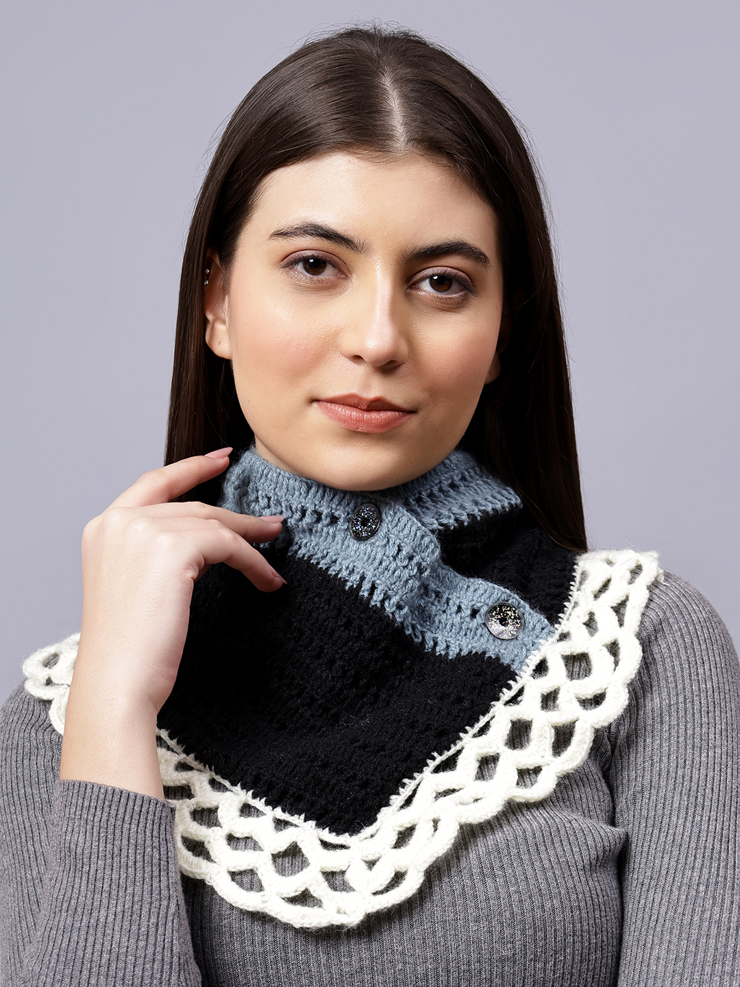 Velvery Black Self Design Hand Knitted Women Neckwarmer