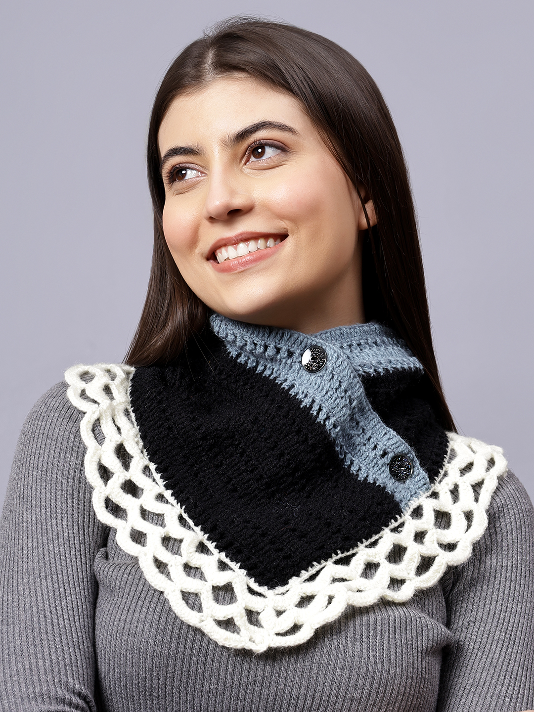 Velvery Black Self Design Hand Knitted Women Neckwarmer