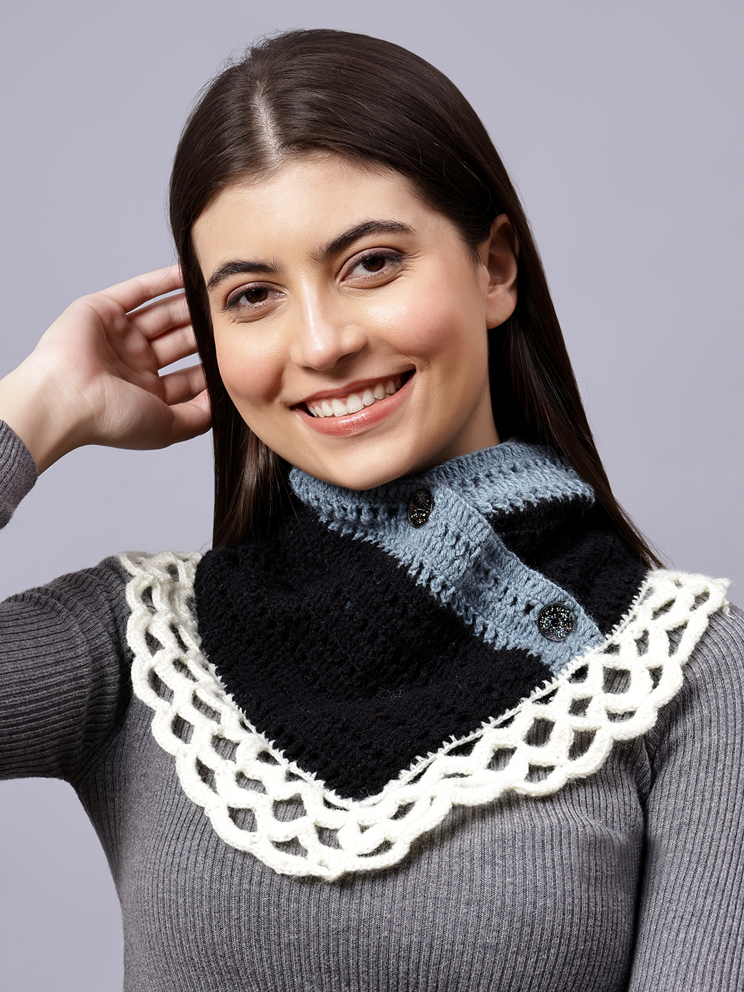 Velvery Black Self Design Hand Knitted Women Neckwarmer