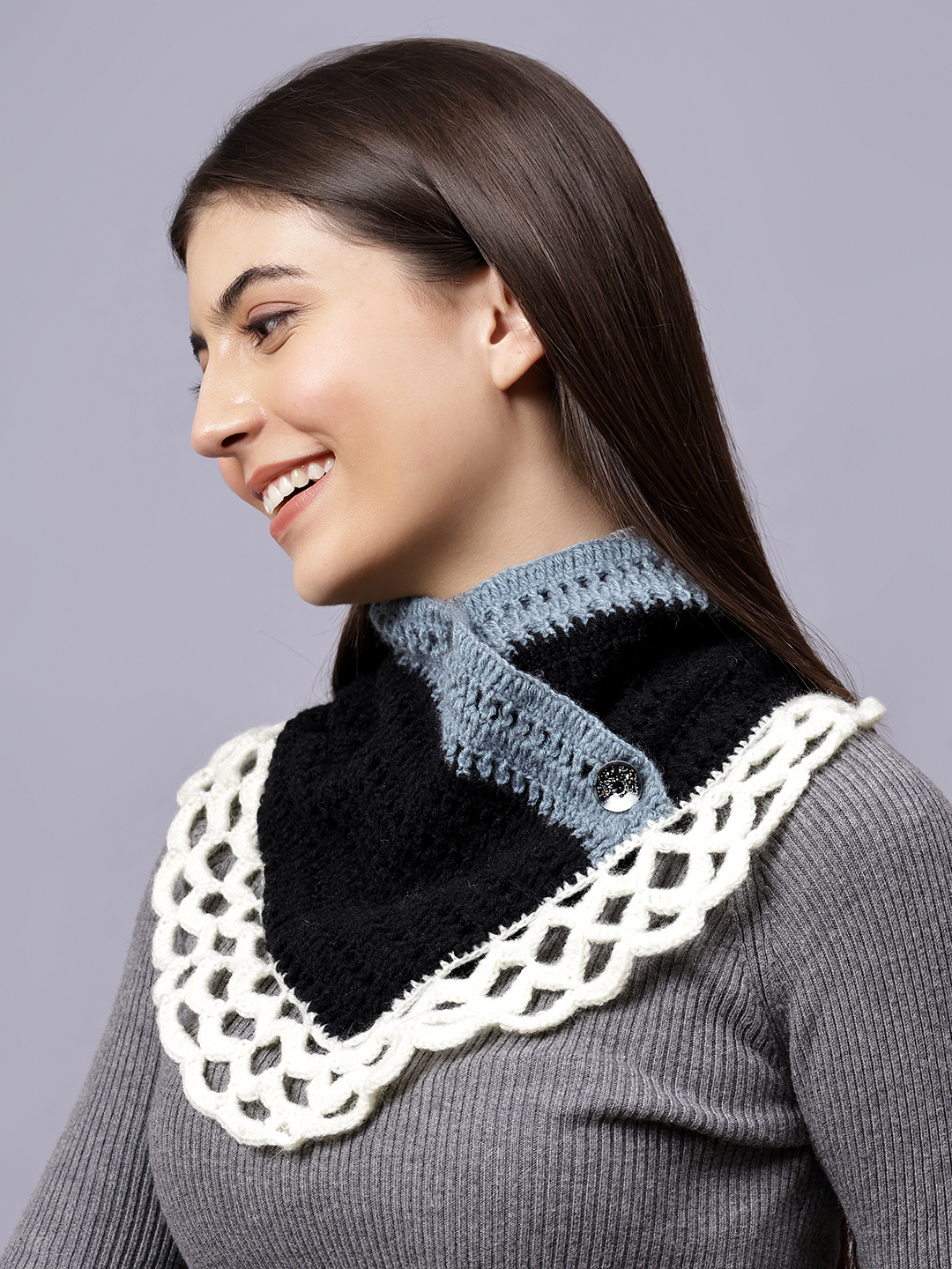Velvery Black Self Design Hand Knitted Women Neckwarmer