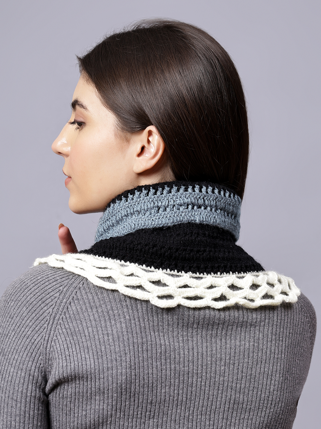 Velvery Black Self Design Hand Knitted Women Neckwarmer