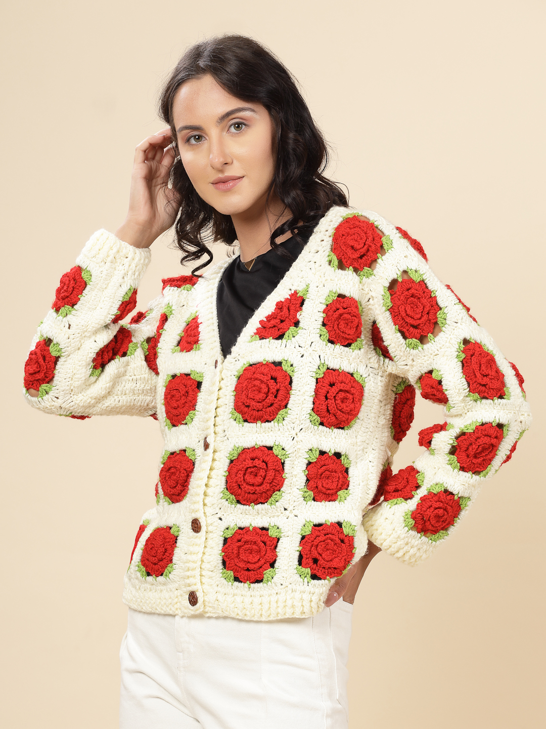 Velvery Handmade Red & Cream Rose V-Neck Cardigan