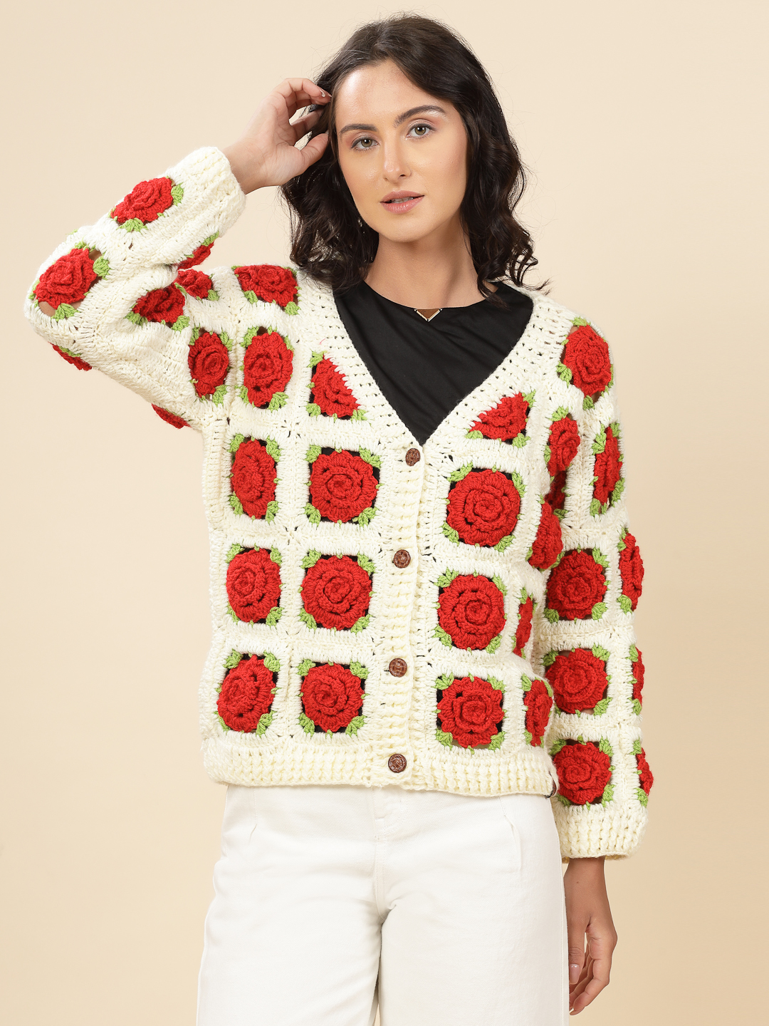 Velvery Handmade Red & Cream Rose V-Neck Cardigan