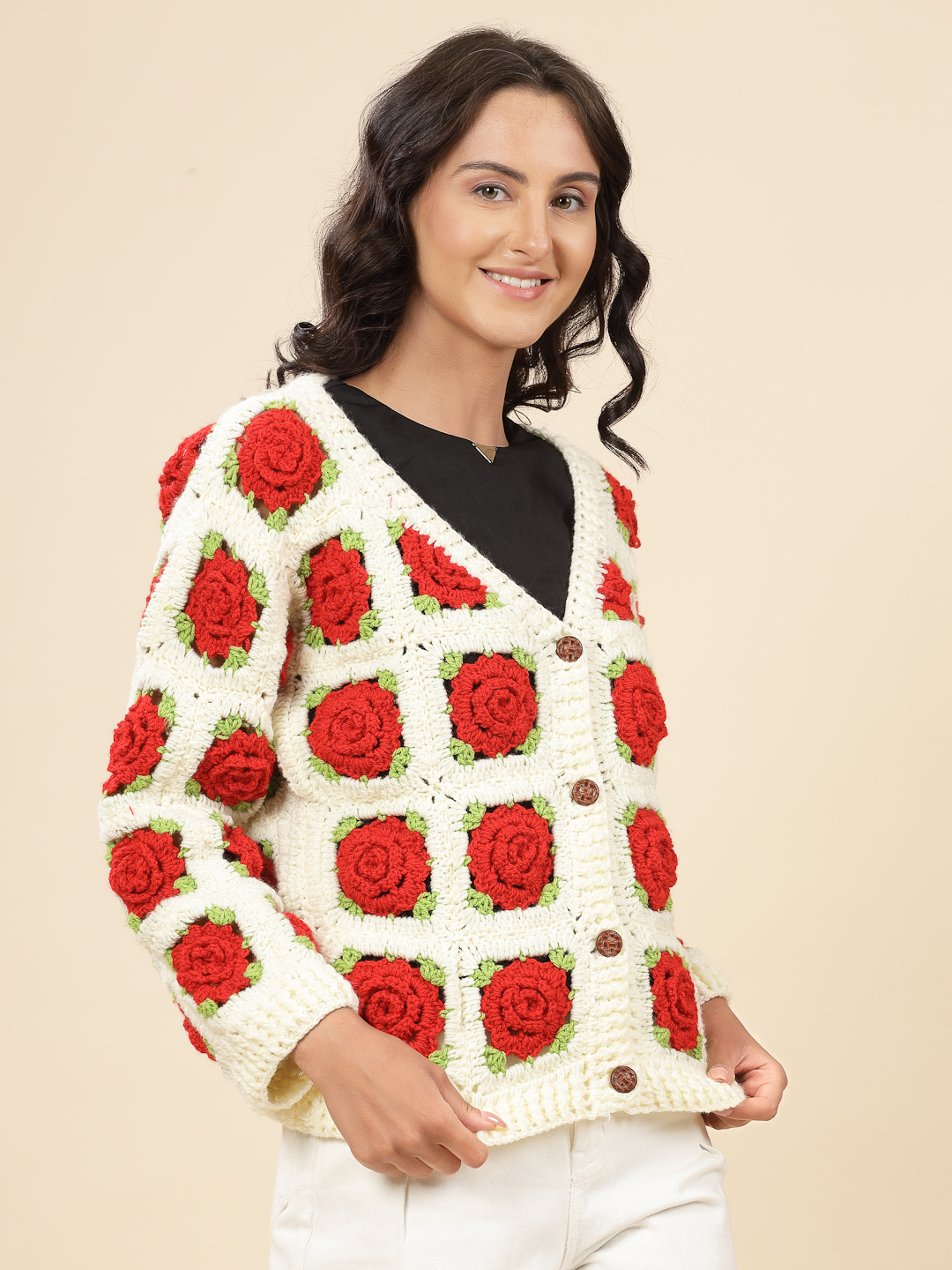 Velvery Handmade Red & Cream Rose V-Neck Cardigan