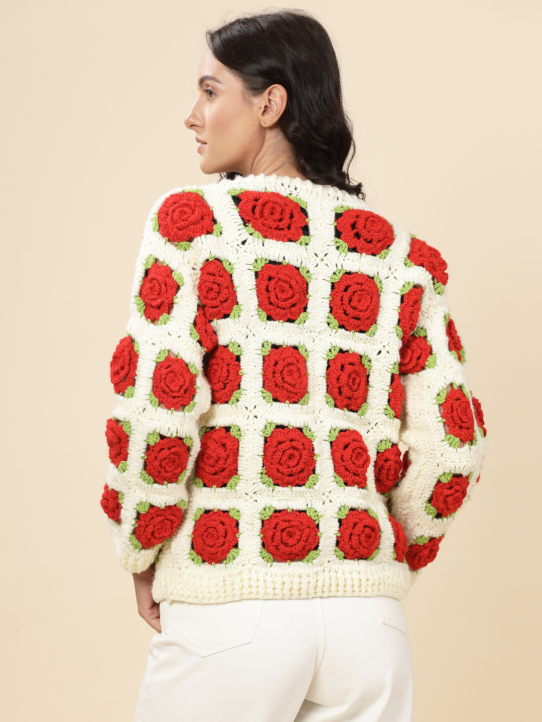 Velvery Handmade Red & Cream Rose V-Neck Cardigan