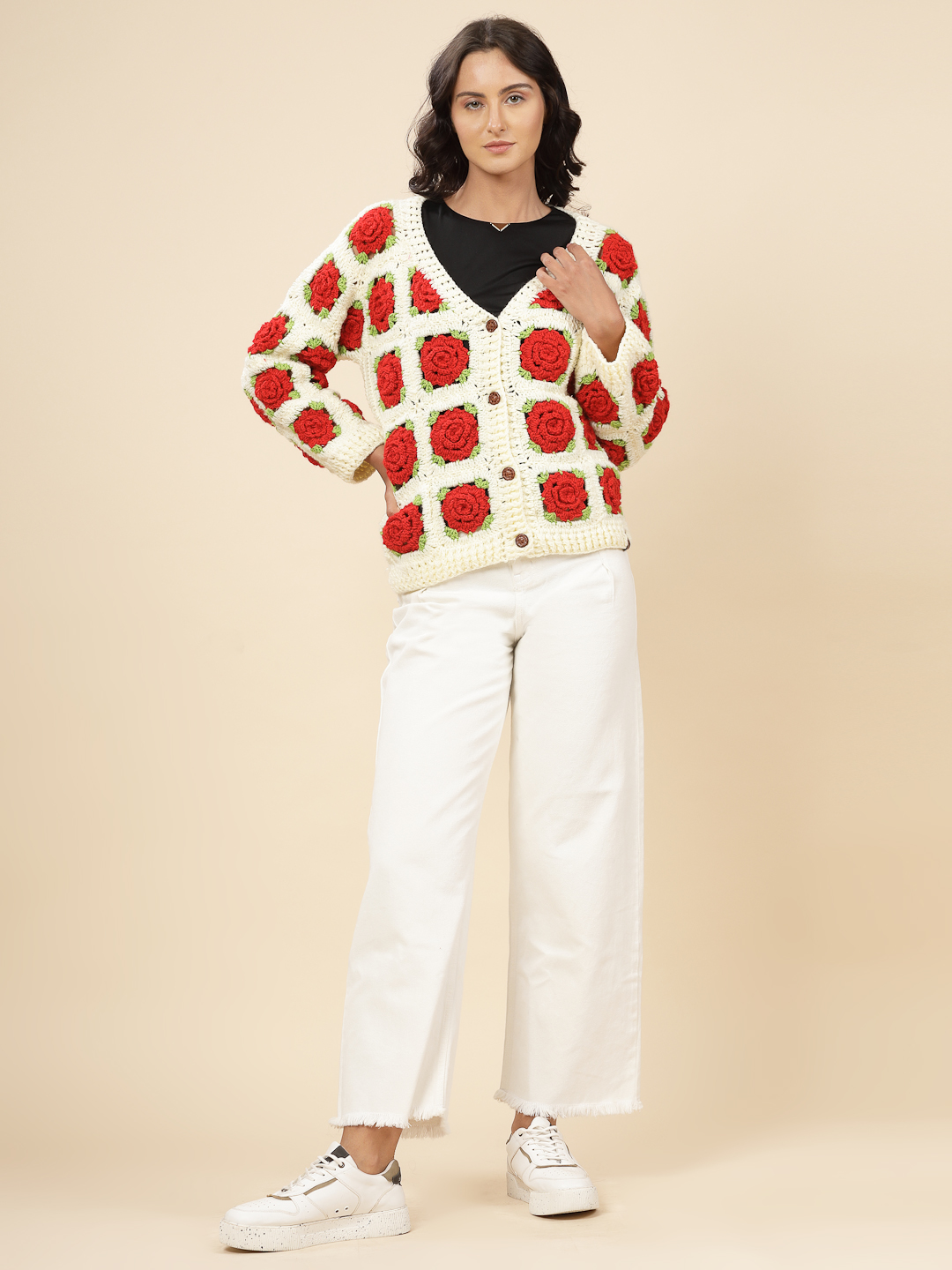 Velvery Handmade Red & Cream Rose V-Neck Cardigan