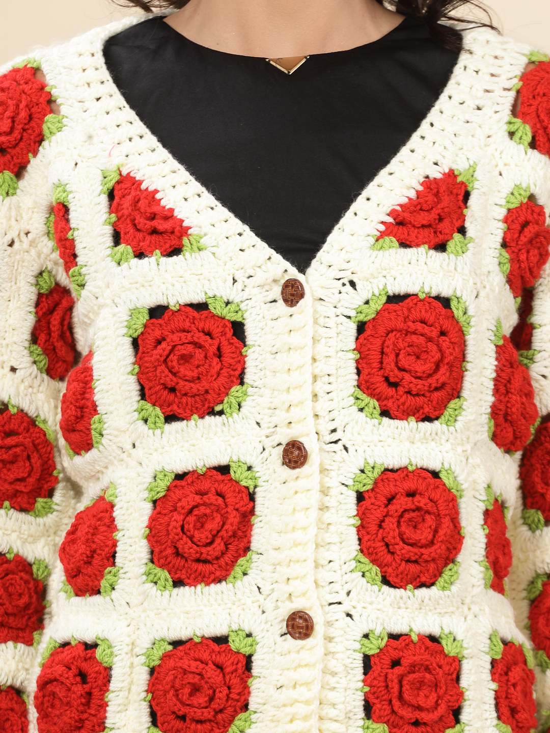 Velvery Handmade Red & Cream Rose V-Neck Cardigan