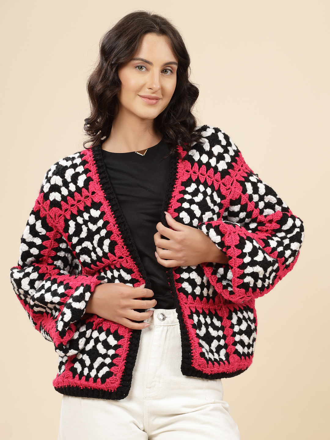 Velvery Handmade Black & Pink Crochet V-Neck Cardigan