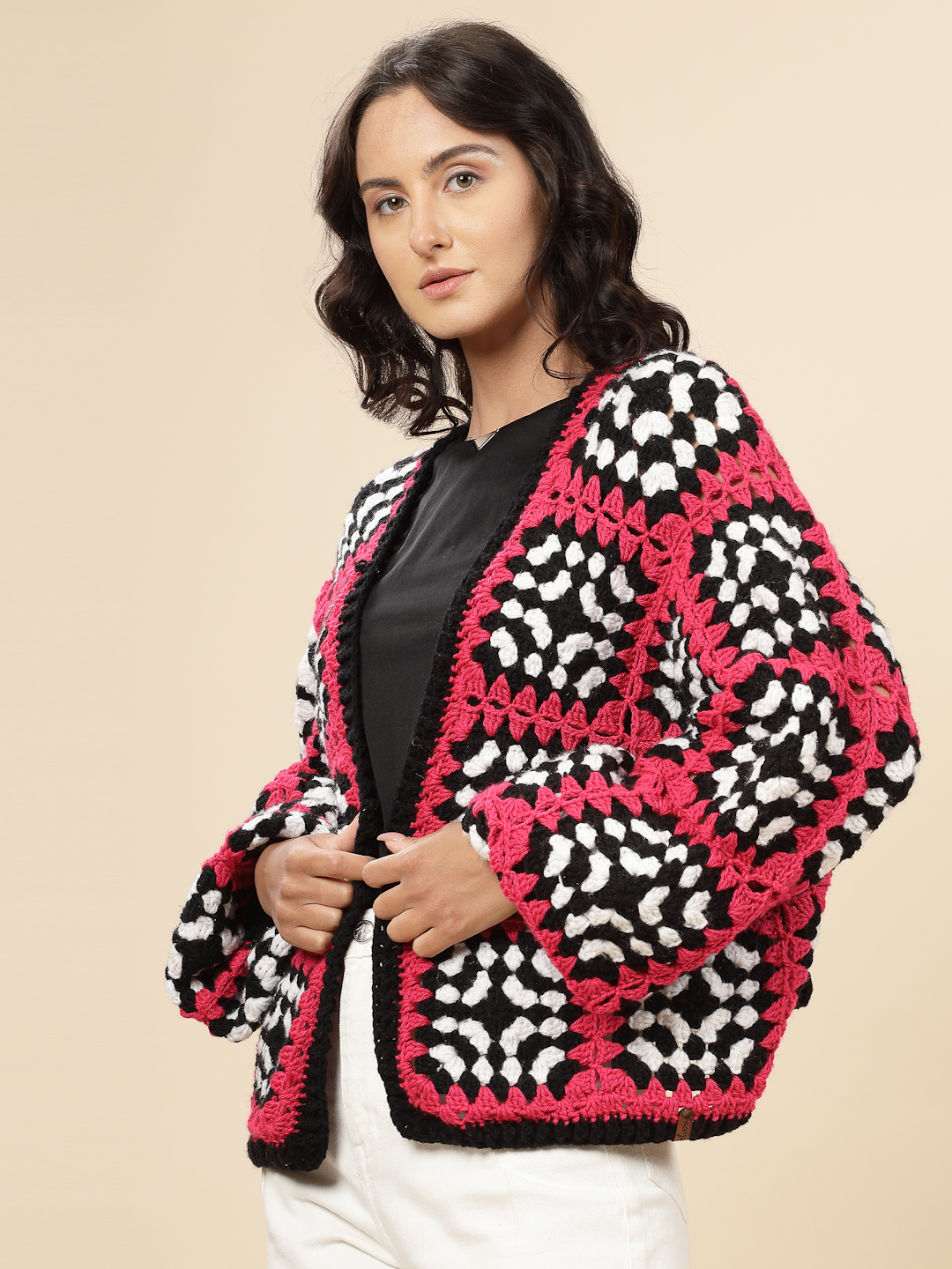 Velvery Handmade Black & Pink Crochet V-Neck Cardigan
