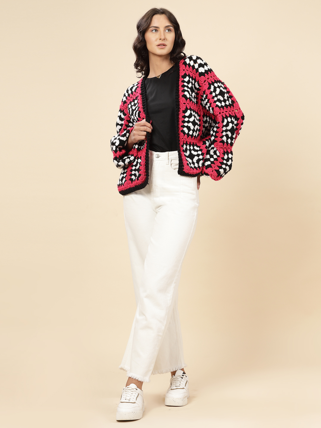 Velvery Handmade Black & Pink Crochet V-Neck Cardigan