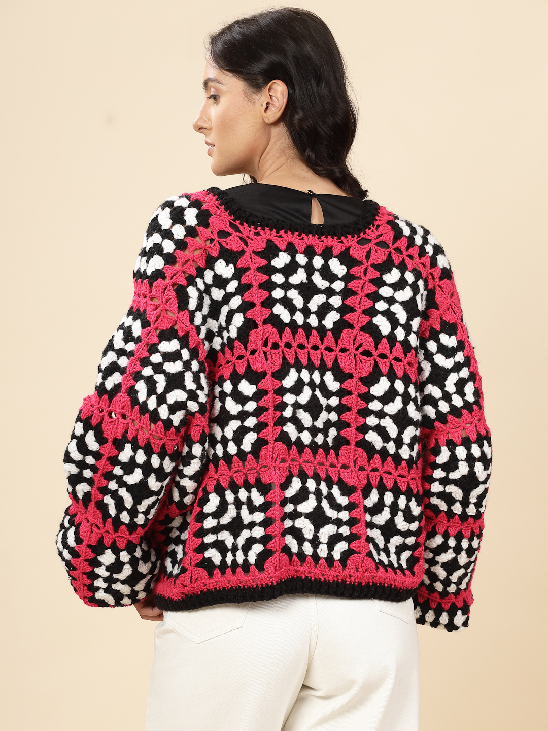 Velvery Handmade Black & Pink Crochet V-Neck Cardigan