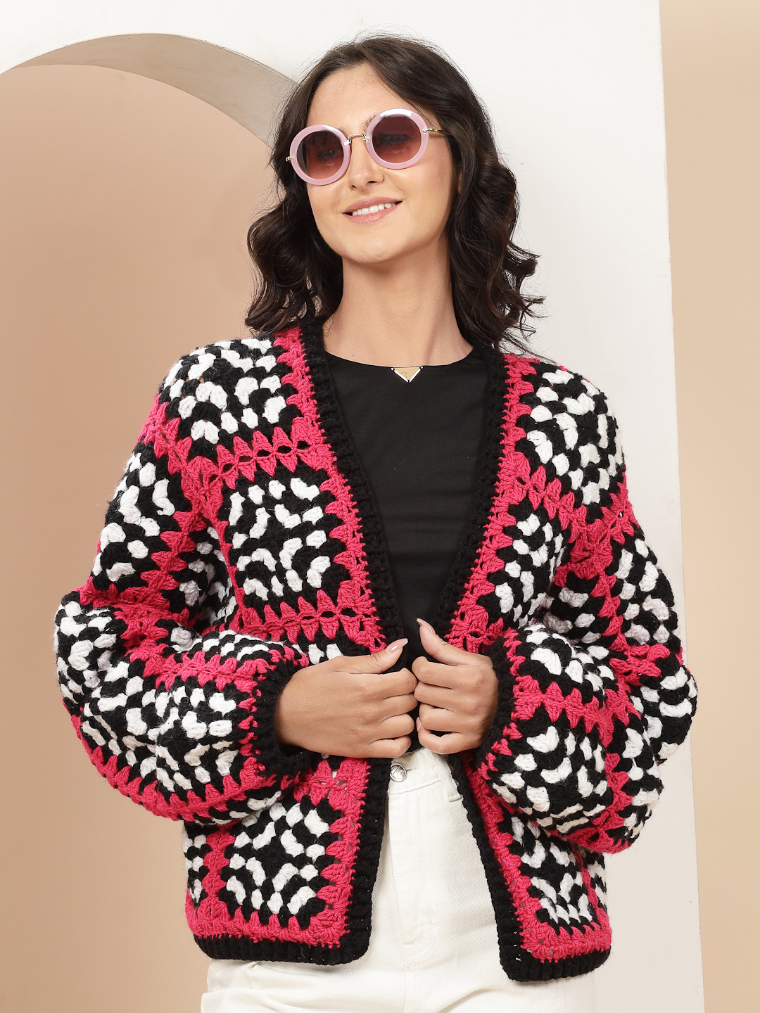 Velvery Handmade Black & Pink Crochet V-Neck Cardigan