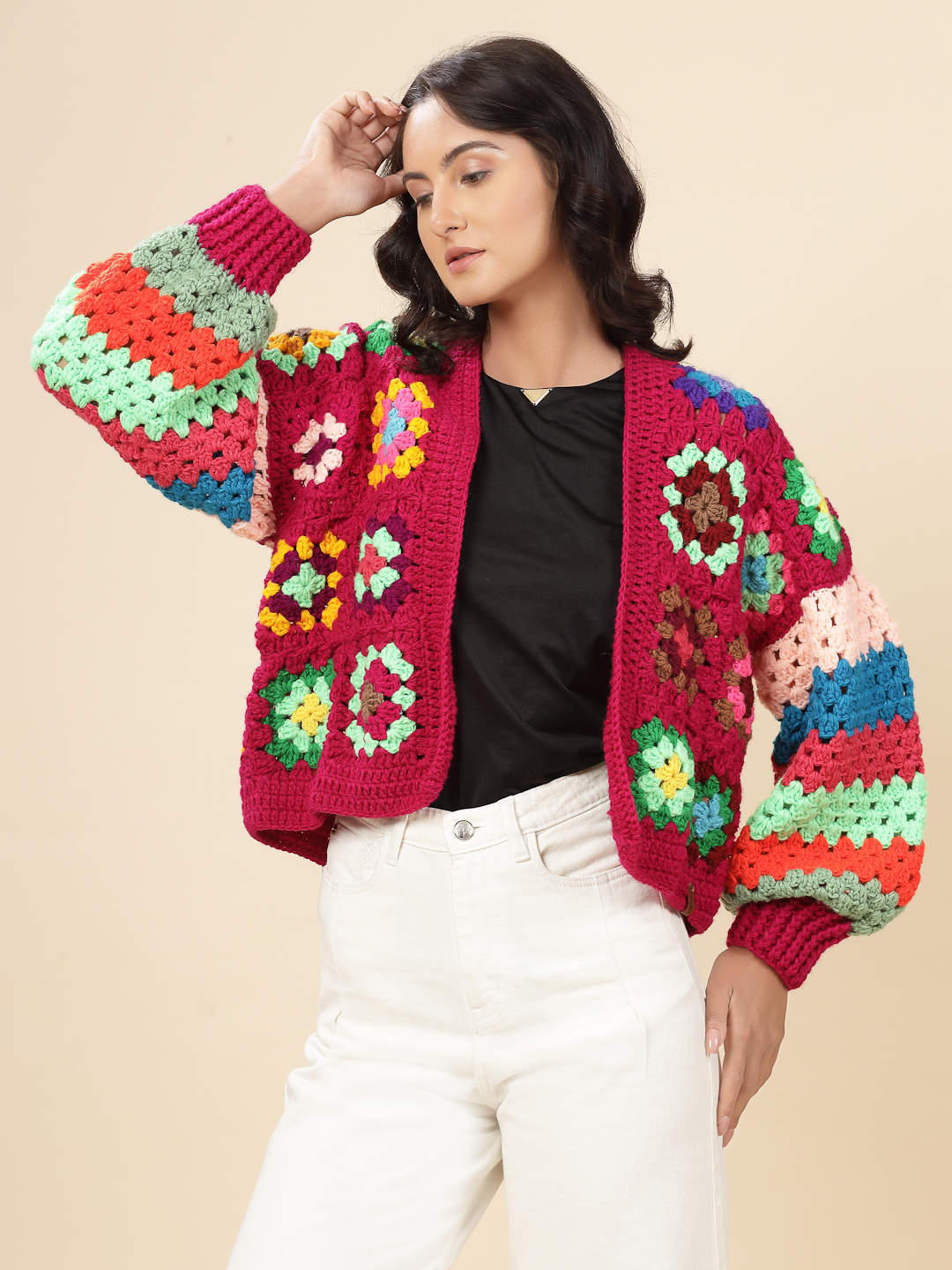 Velvery Handmade Multi Baggy V-Neck Cardigan