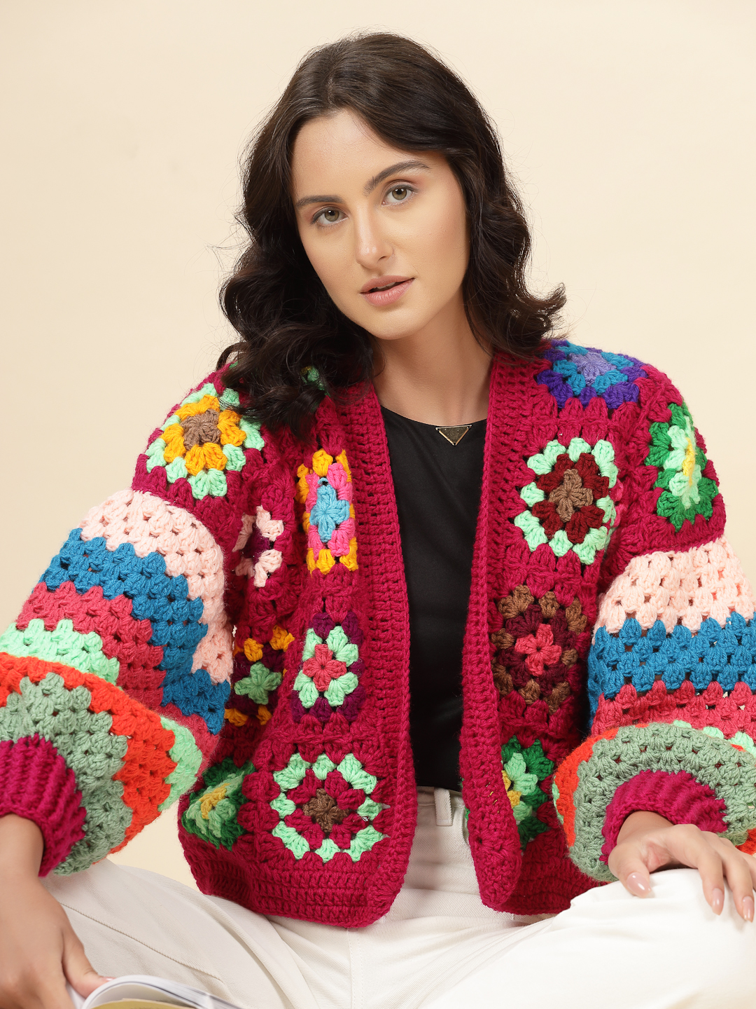 Velvery Handmade Multi Baggy V-Neck Cardigan