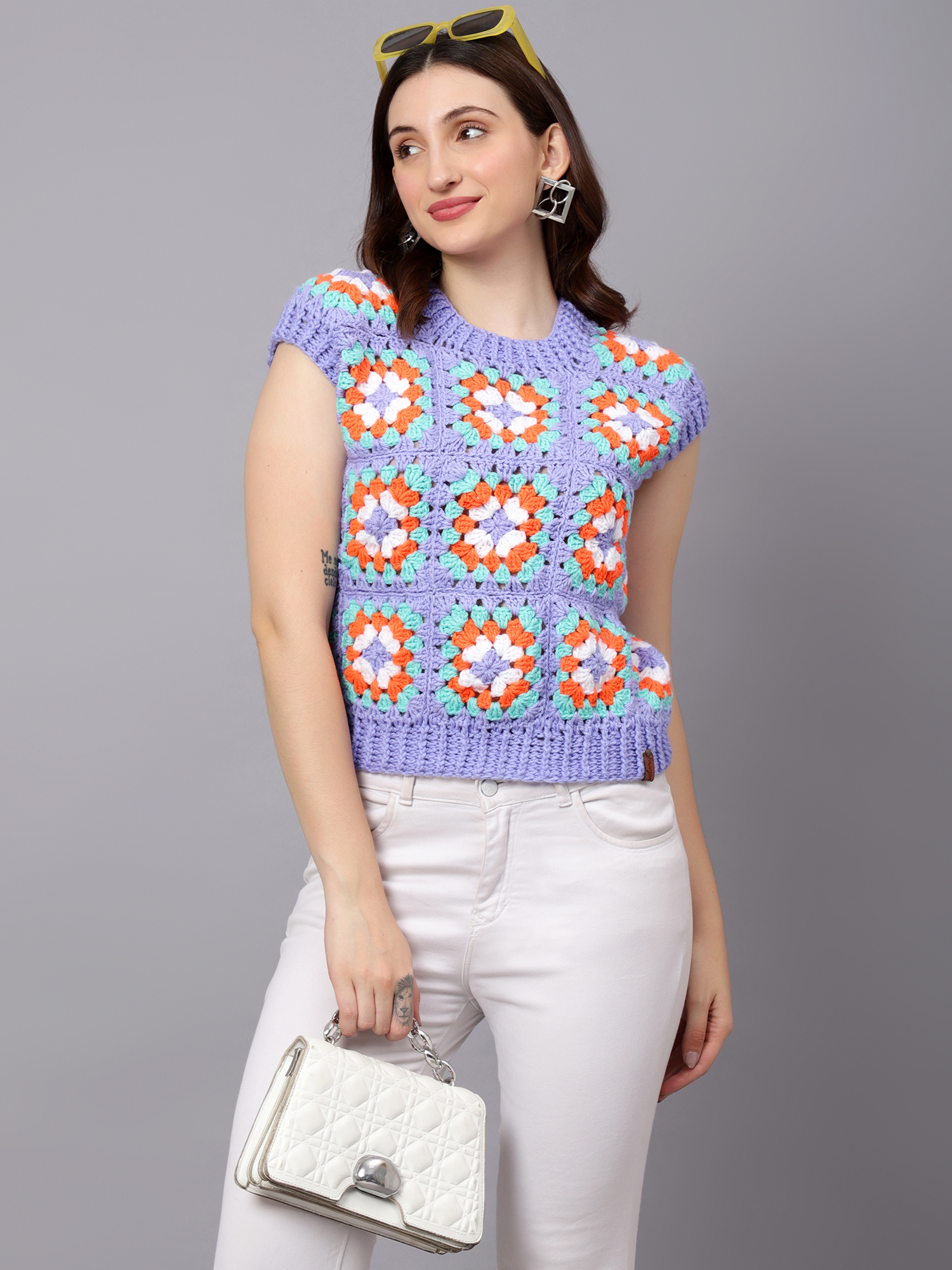 Velvery Handmade Blue & Multi Granny Square Round Neck Sweater Vest