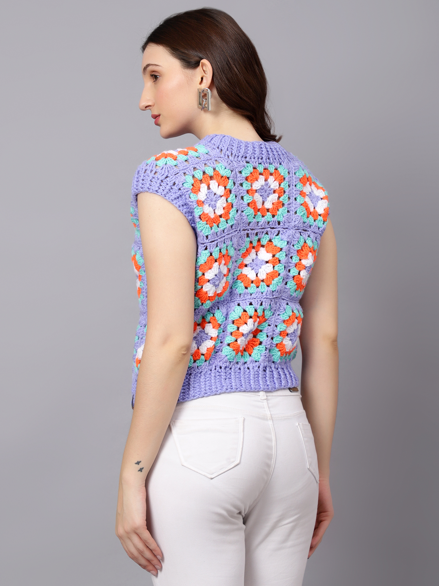 Velvery Handmade Blue & Multi Granny Square Round Neck Sweater Vest
