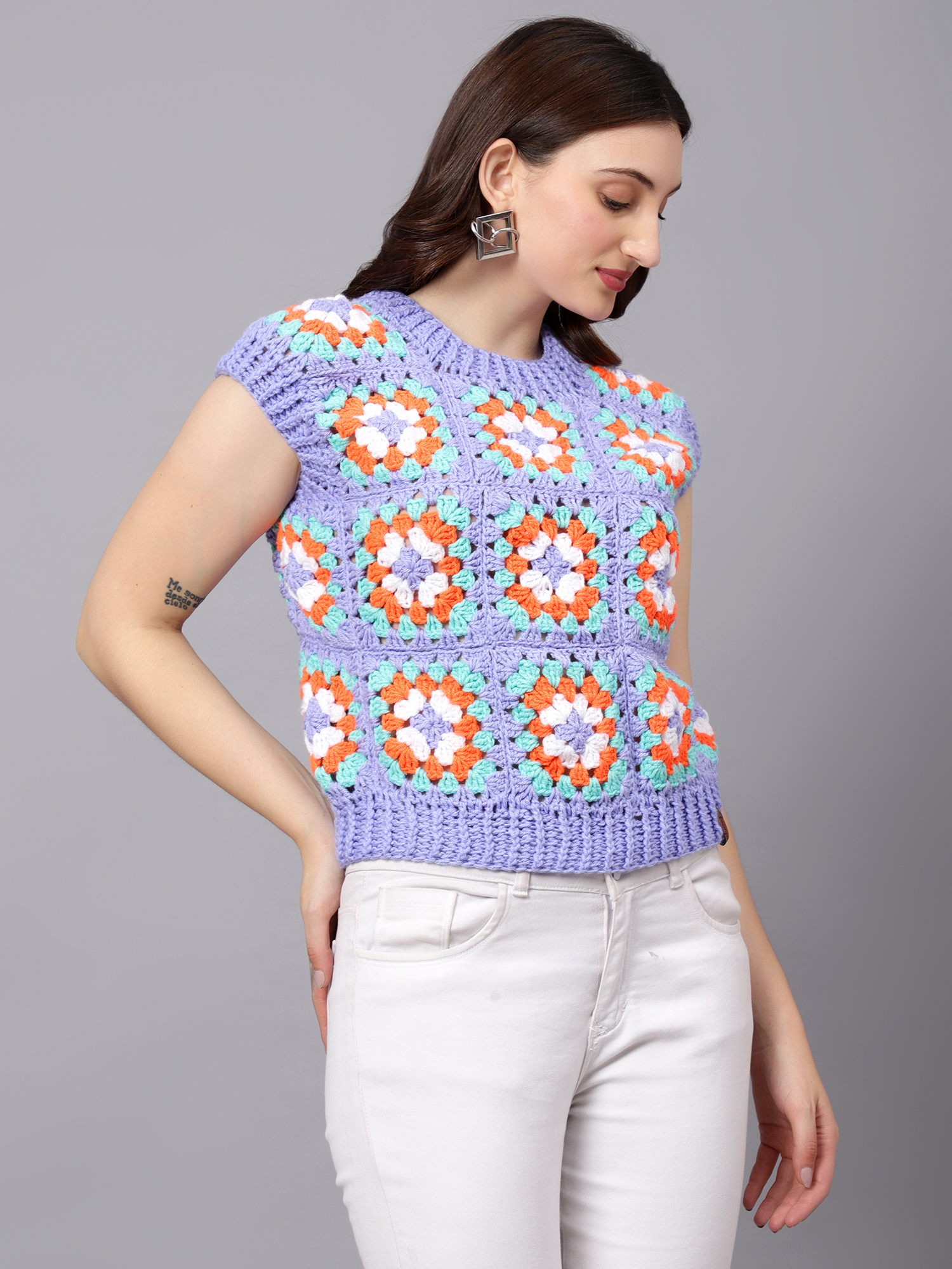 Velvery Handmade Blue & Multi Granny Square Round Neck Sweater Vest