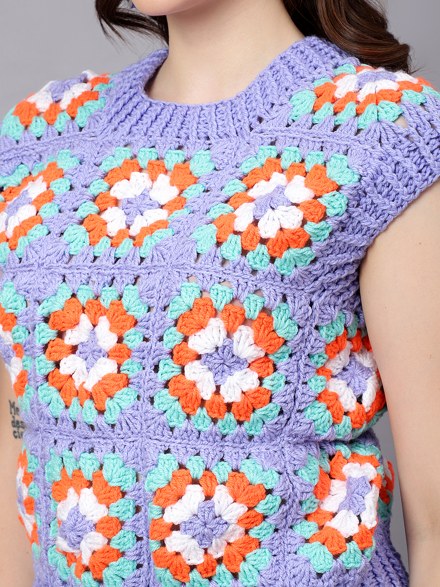 Velvery Handmade Blue & Multi Granny Square Round Neck Sweater Vest