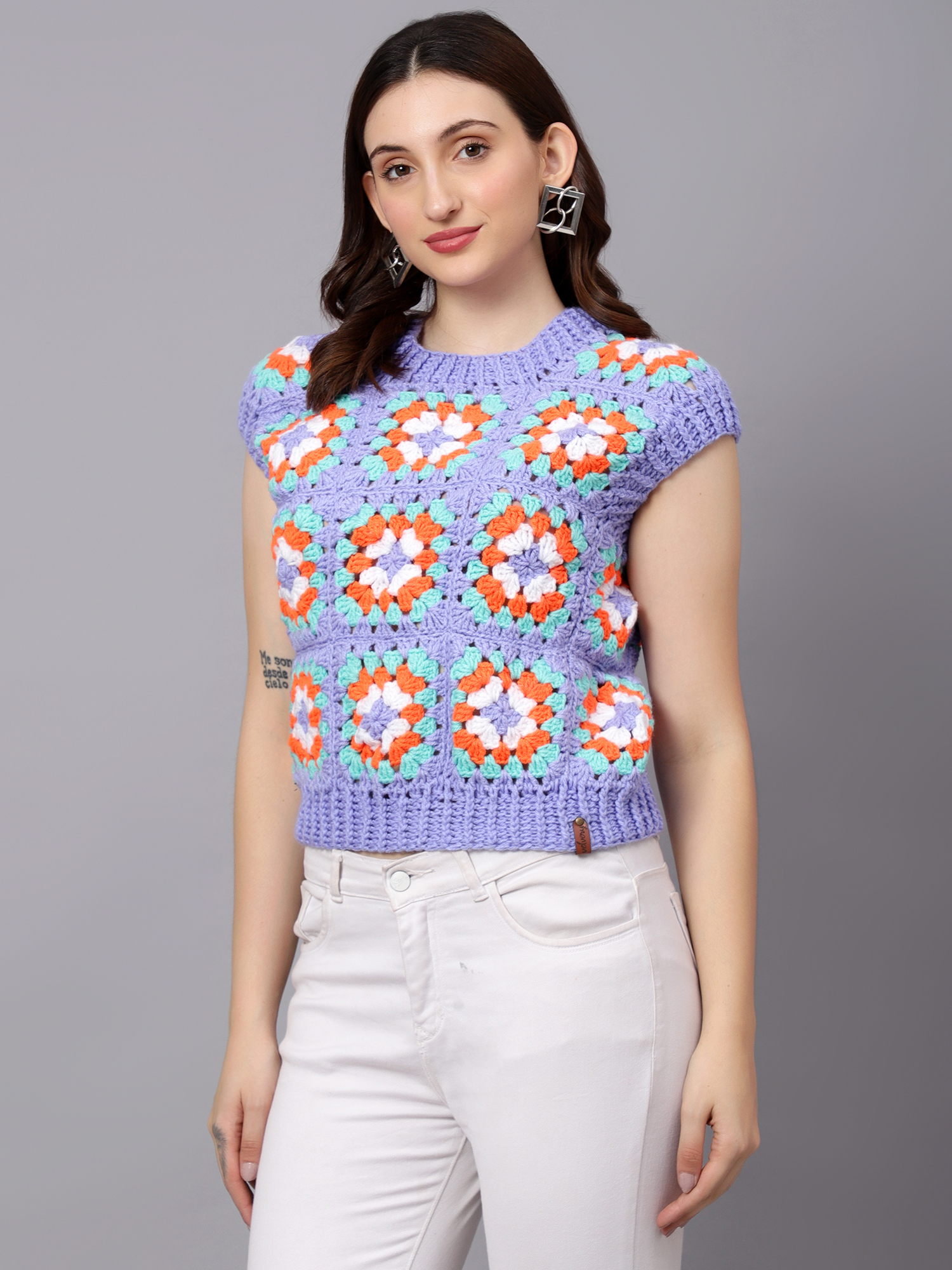 Velvery Handmade Blue & Multi Granny Square Round Neck Sweater Vest