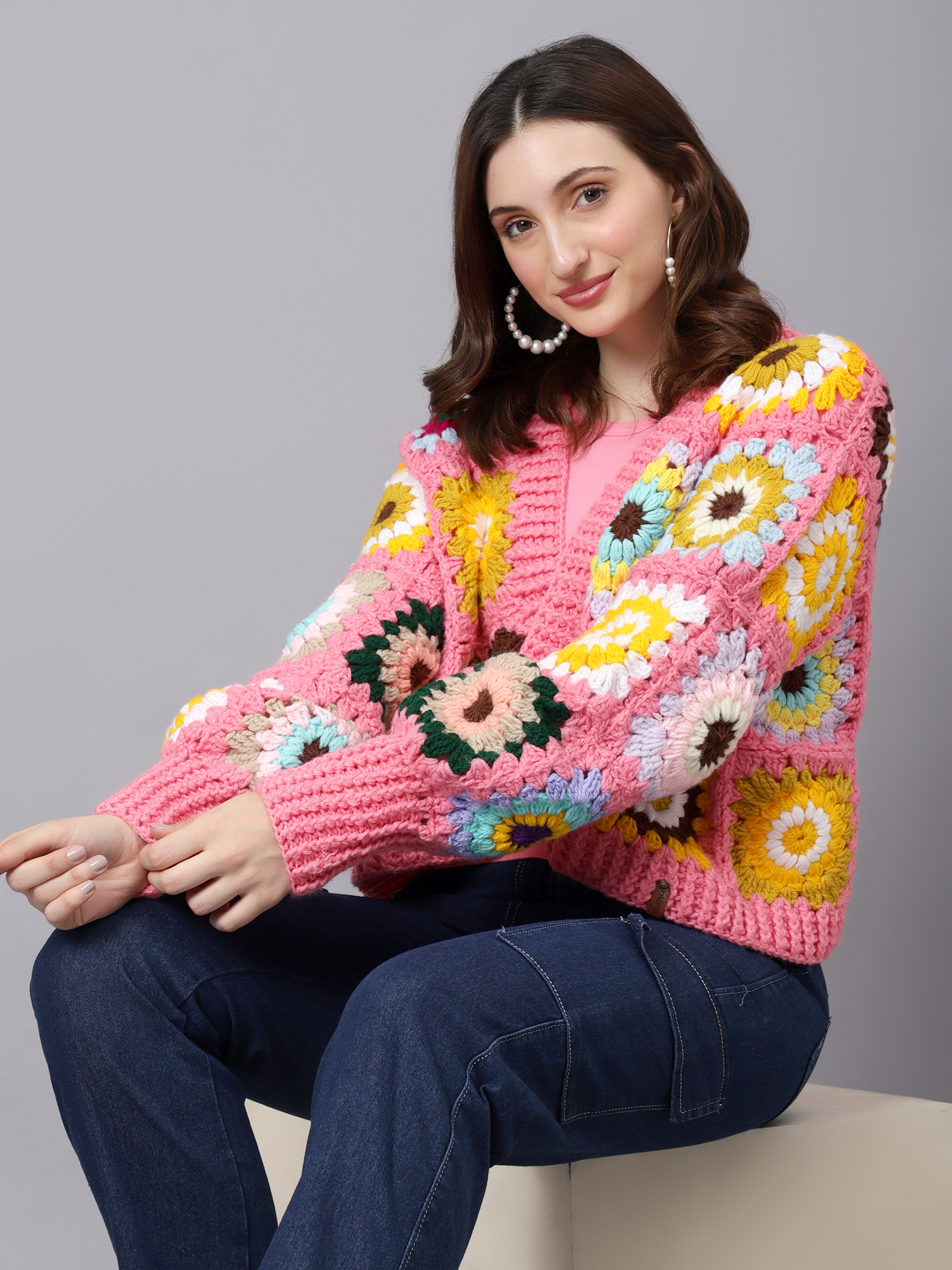 Velvery Handmade Pink & Multi Puffy Sleeve V-Neck Cardigan