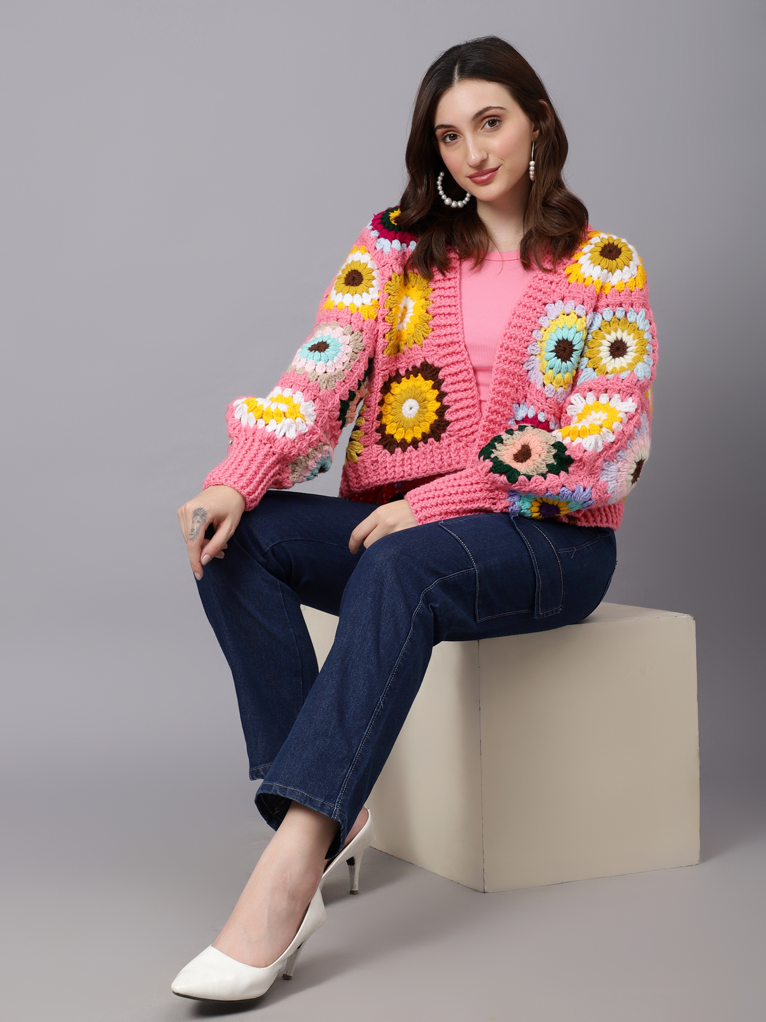 Velvery Handmade Pink & Multi Puffy Sleeve V-Neck Cardigan